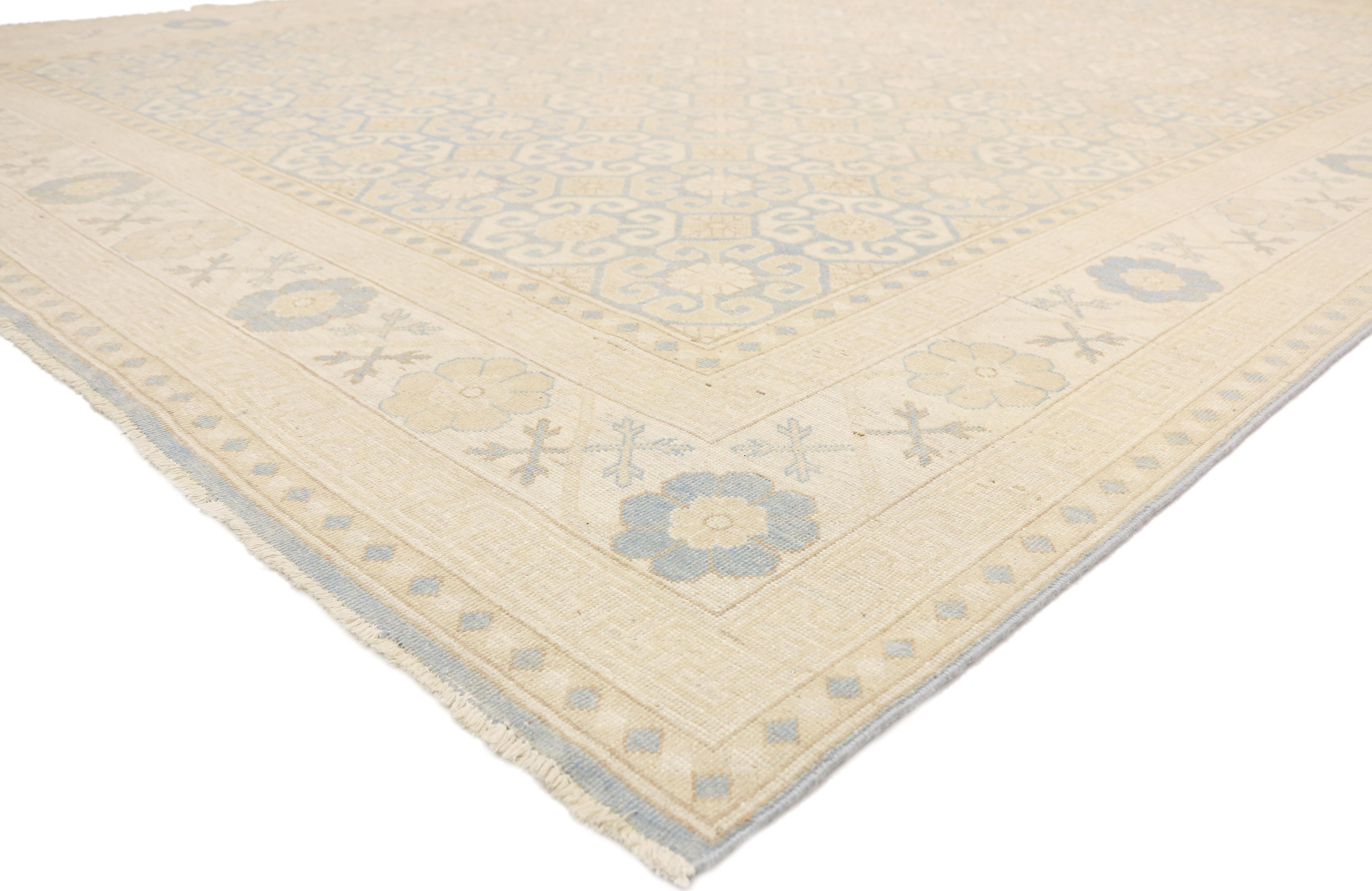 80174 New Transitional Khotan Area Rug with Hamptons Chic Style, Cozy Cottage Vibes 10'02 x 13'07. Representing a stylish union of traditional and modern, this sophisticated chic Khotan style rug features a traditional medallion composition of