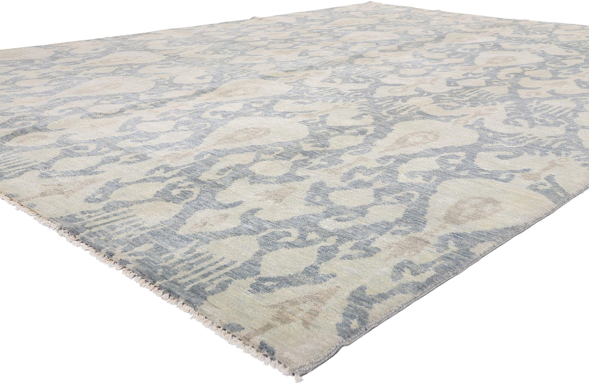 30255 New Transitional Light Blue Ikat Rug, 10'00 x 13'08. Ethereal in tone and transcendent in spirit, this hand-knotted wool transitional Ikat rug from India embodies a masterful synthesis of ancient technique and modern refinement. Soft gradients