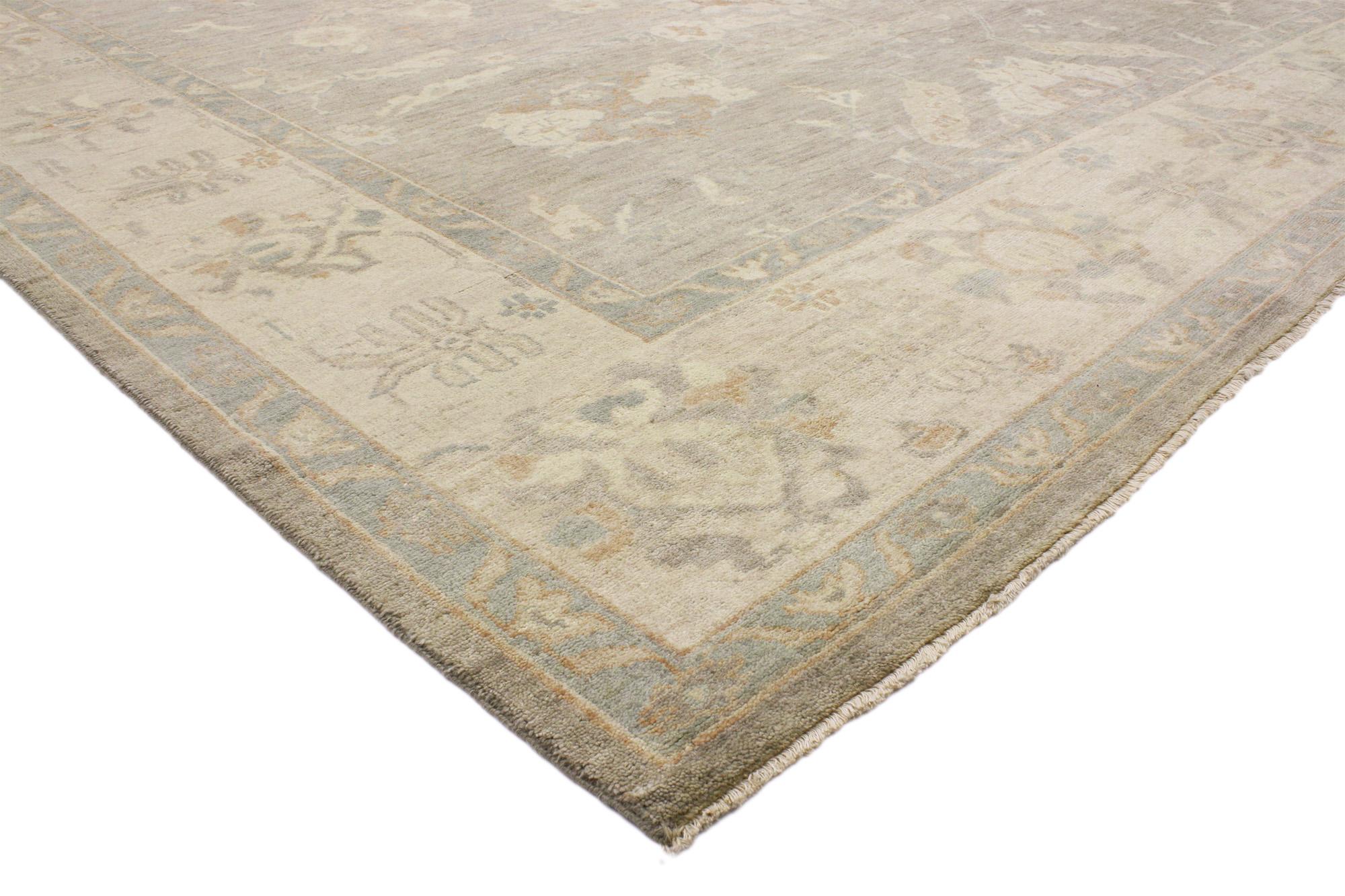 30167 New Transitional Oushak Area Rug with Rustic Artisan Style. This transitional Oushak style rug is patterned with an all-over botanical theme in a sublet and warm color palette. A central row of floral medallions is surrounded by lush palmettes