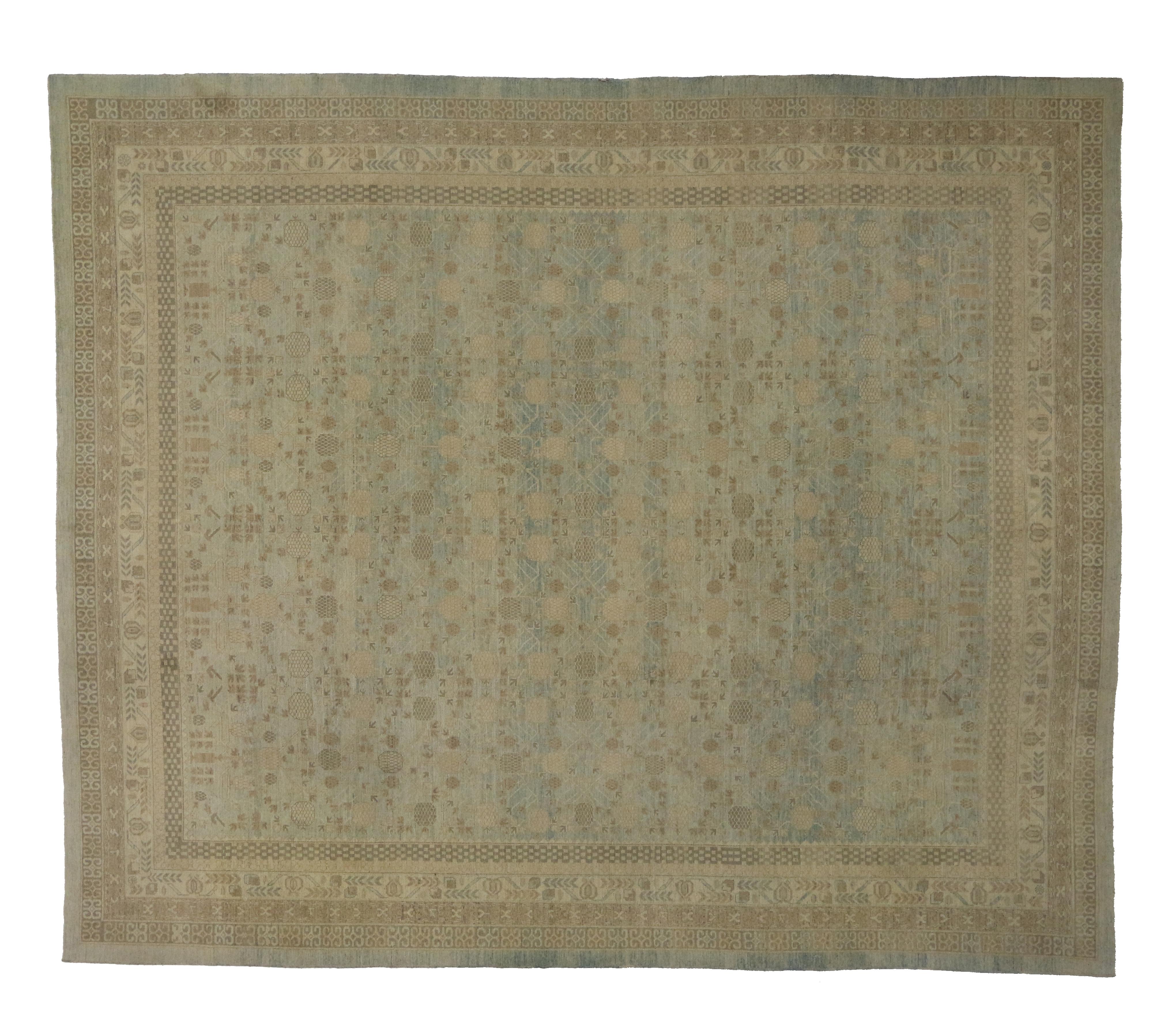 Hand-Knotted New Transitional Oversize Rug with Khotan Pomegranate Design, Coastal Colors