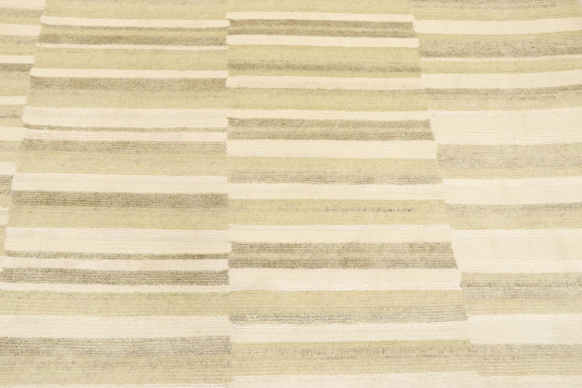 Modern Transitional Striped Indian Rug, Wabi-Sabi Meets Natural Elegance For Sale