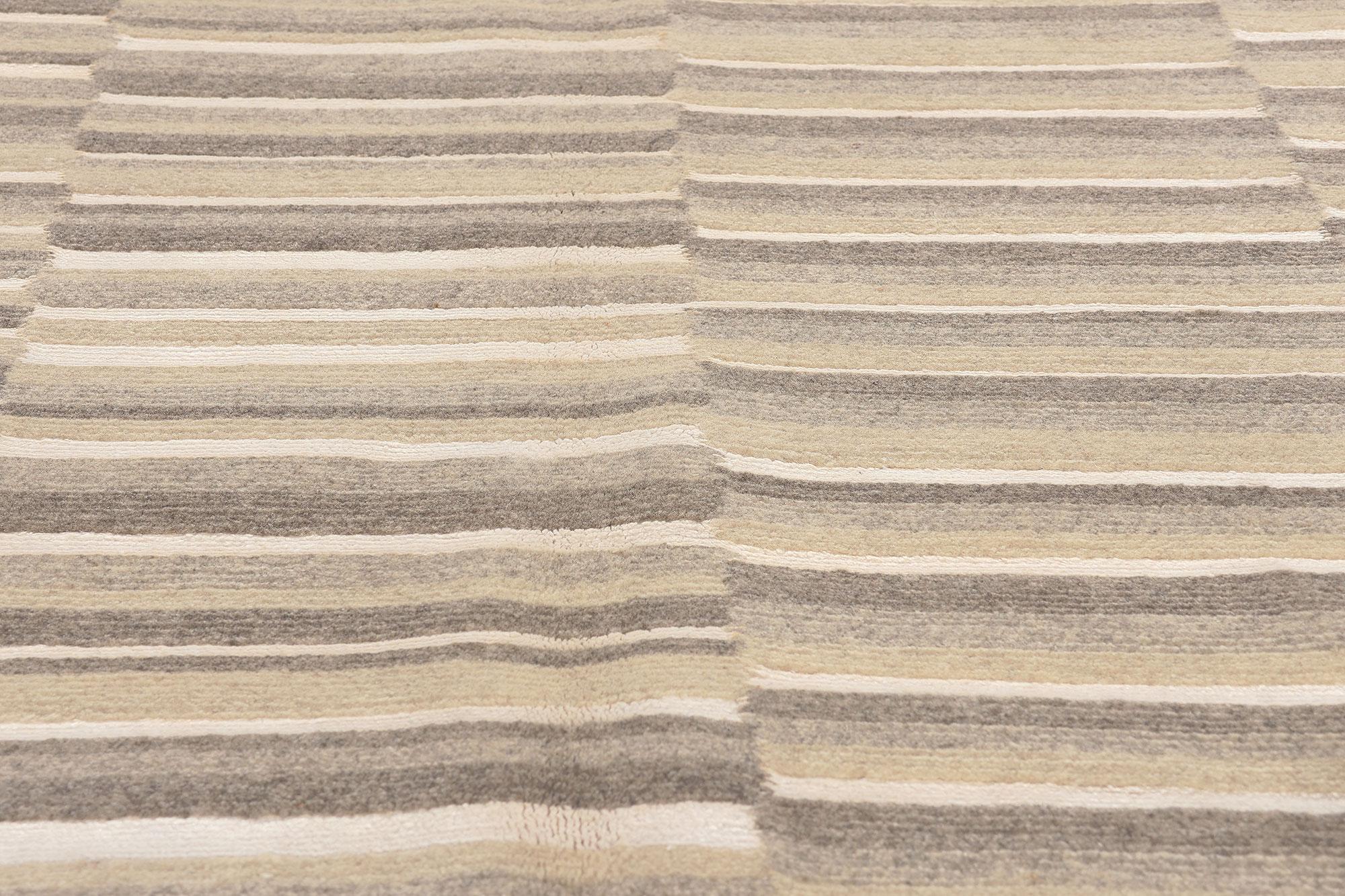 Hand-Knotted Neutral Striped Area Rug, Sublime Simplicity Meets Wabi-Sabi For Sale