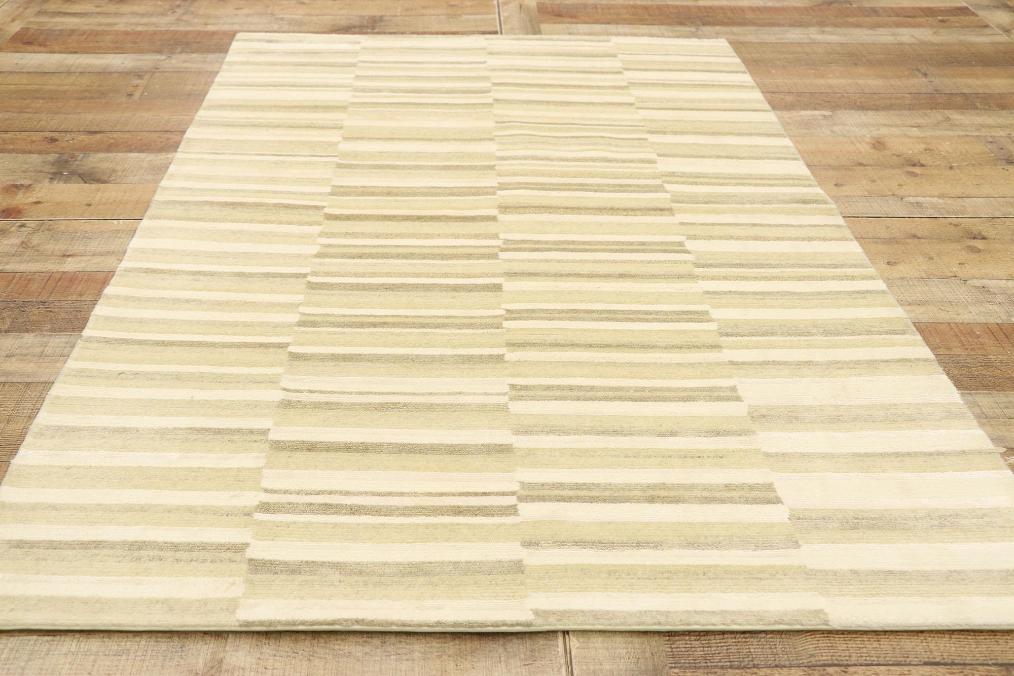 Contemporary Transitional Striped Indian Rug, Wabi-Sabi Meets Natural Elegance For Sale