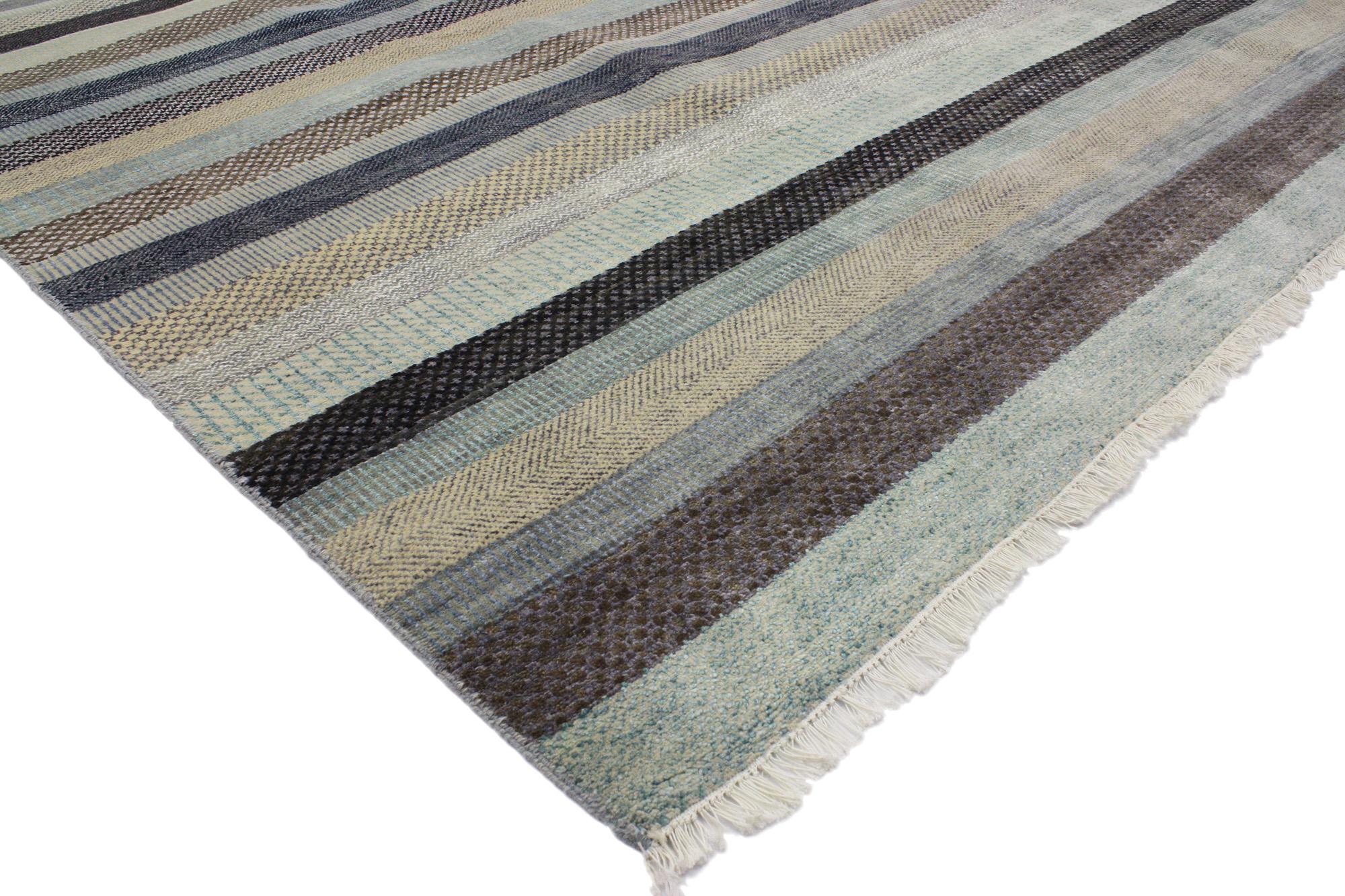 30148 New Modern Coastal Striped Area Rug, 09'00 x 12'03. Crafted with meticulous care, transitional Indian wool and silk rugs represent the epitome of exquisite handcrafted carpets, seamlessly blending traditional weaving techniques from India with