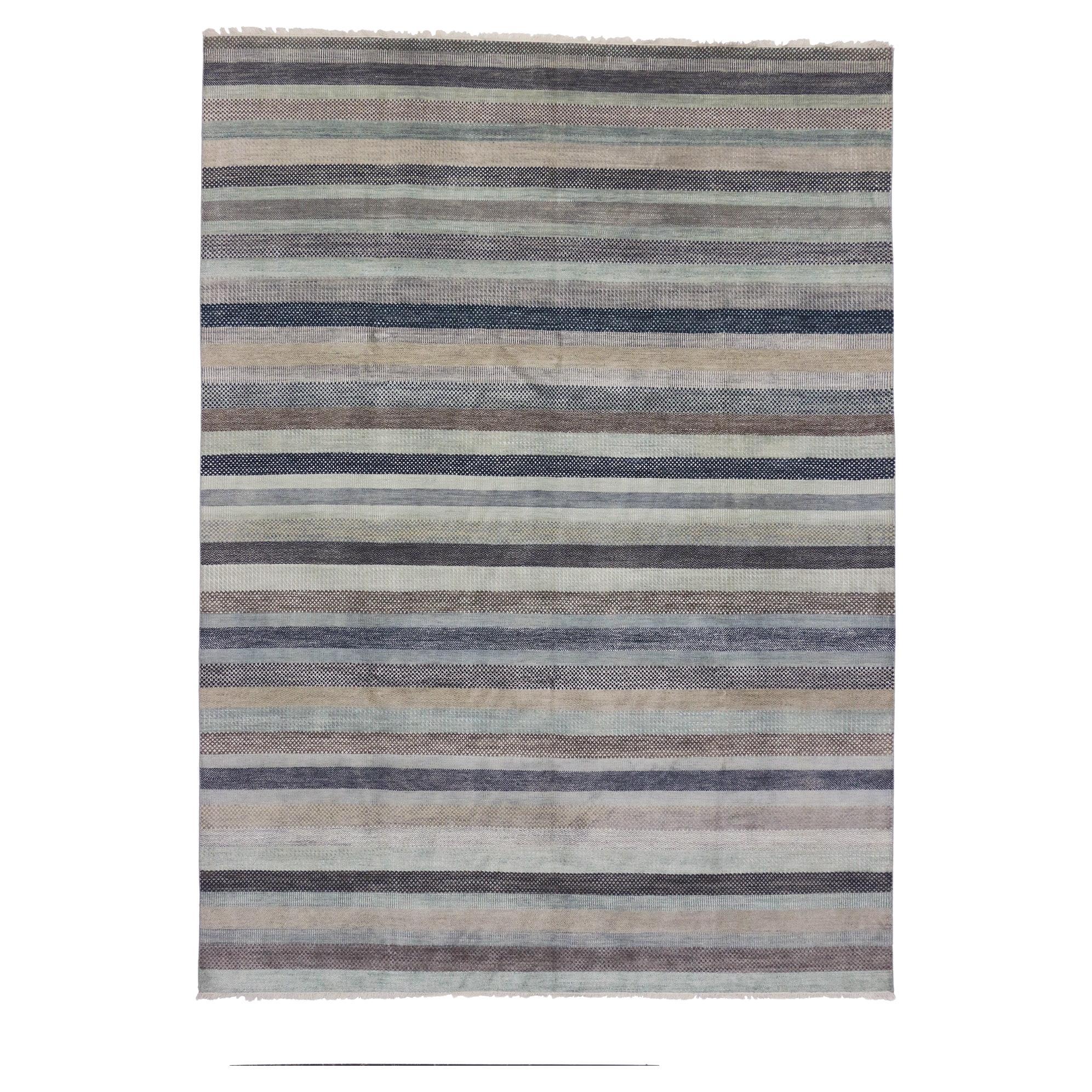 Contemporary Coastal Striped Wool and Silk Rug For Sale