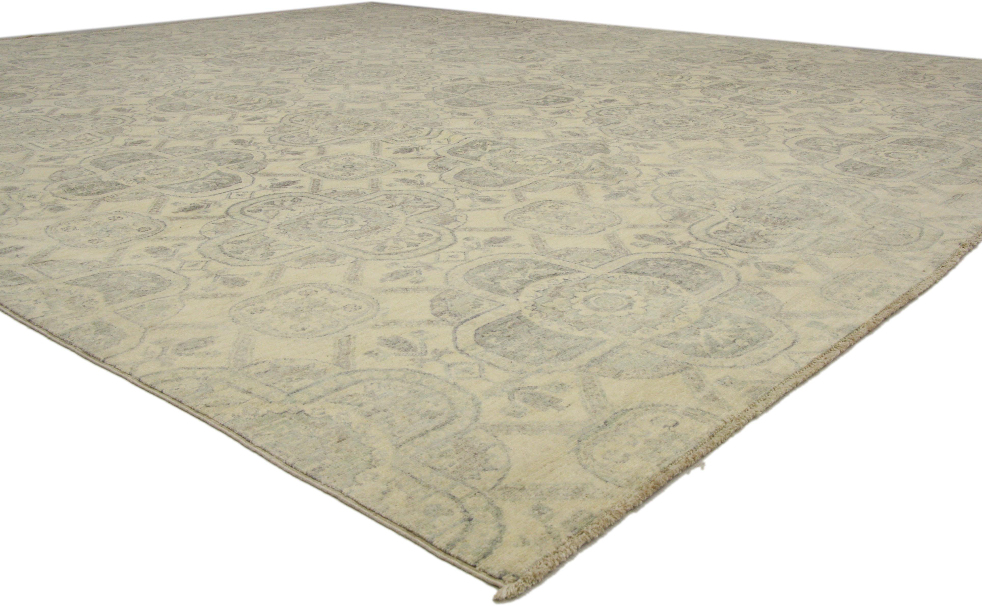 80222, new Transitional style area rug with geometric pattern. Brighten and beautify nearly any space with this hand-knotted wool transitional style area rug. The neutral colors and geometric pattern with its relatively cool-earthy, airy and