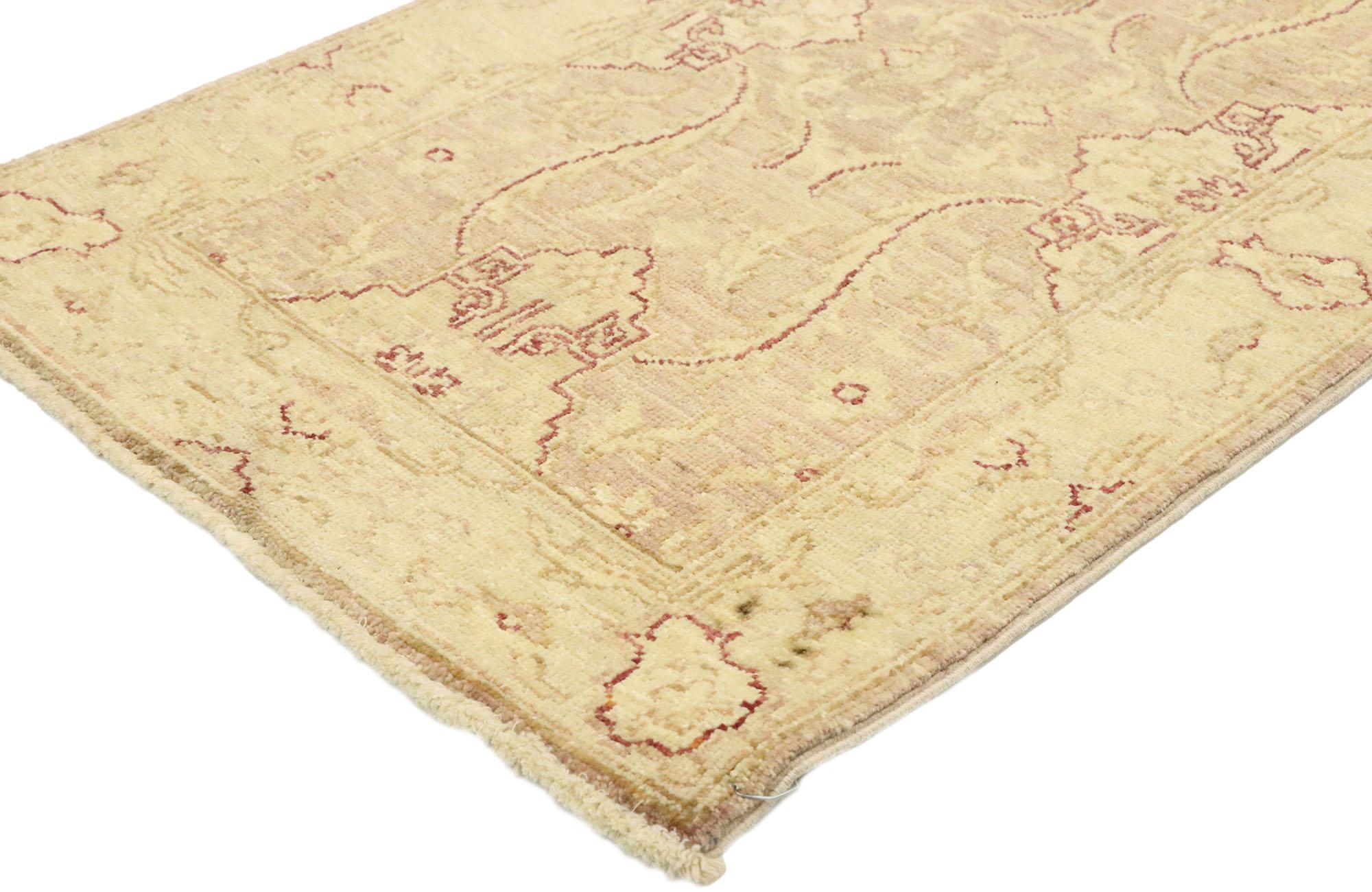 80227 New Transitional Style Runner with Oushak Design, Small Hallway Runner 01'11 x 05'08. This hand-knotted wool Oushak style runner with transitional style features a center amulet and two half amulets on each end. The amulets are connected by