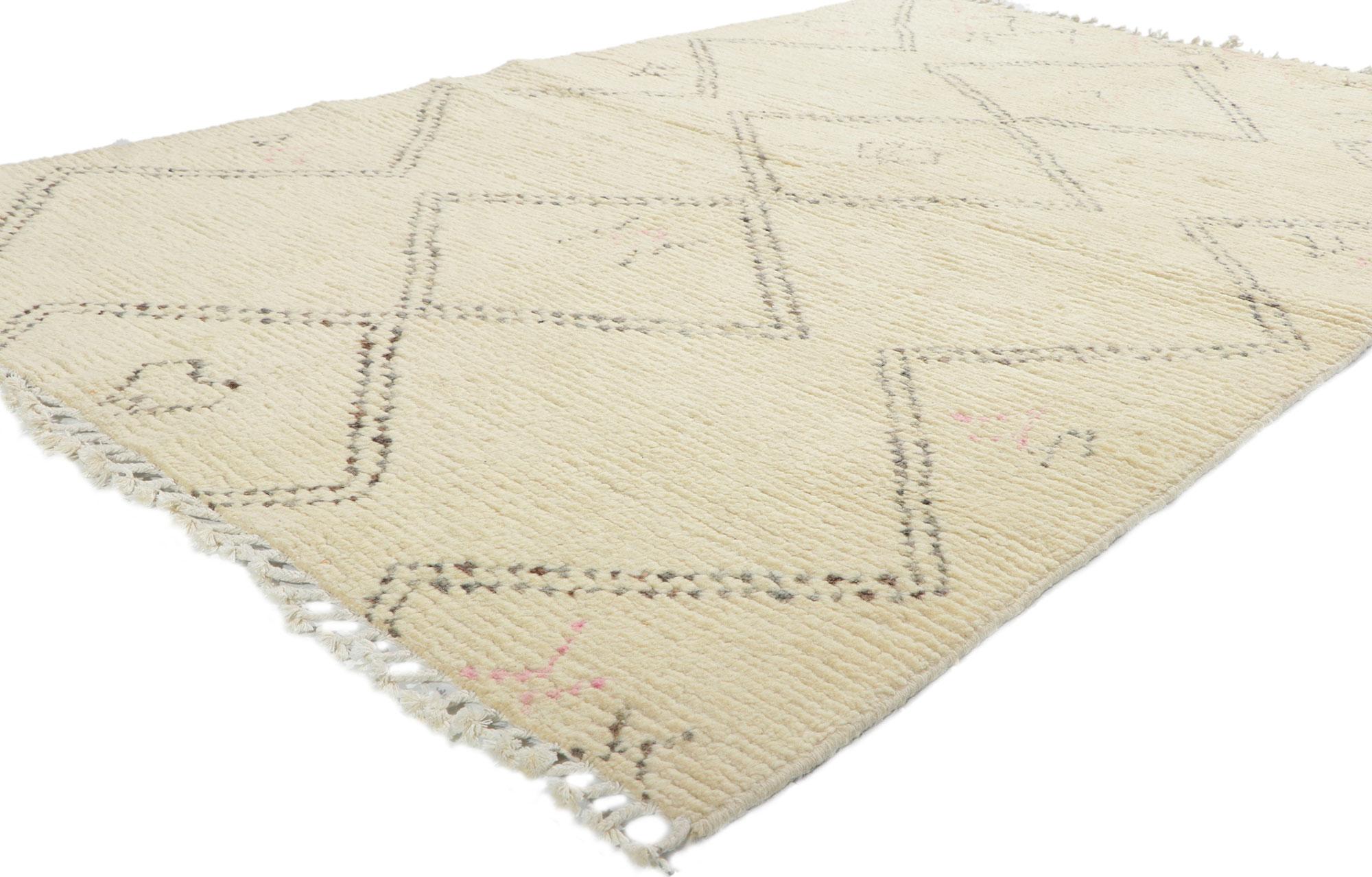 80627 New Tribal Moroccan Area rug, 04'10 x 07'05.
With its Hygge vibes, cozy contentment and plush pile, this hand knotted wool contemporary Moroccan area rug adds texture and subtle graphic appeal forming a warm, relaxed space. The creamy-beige