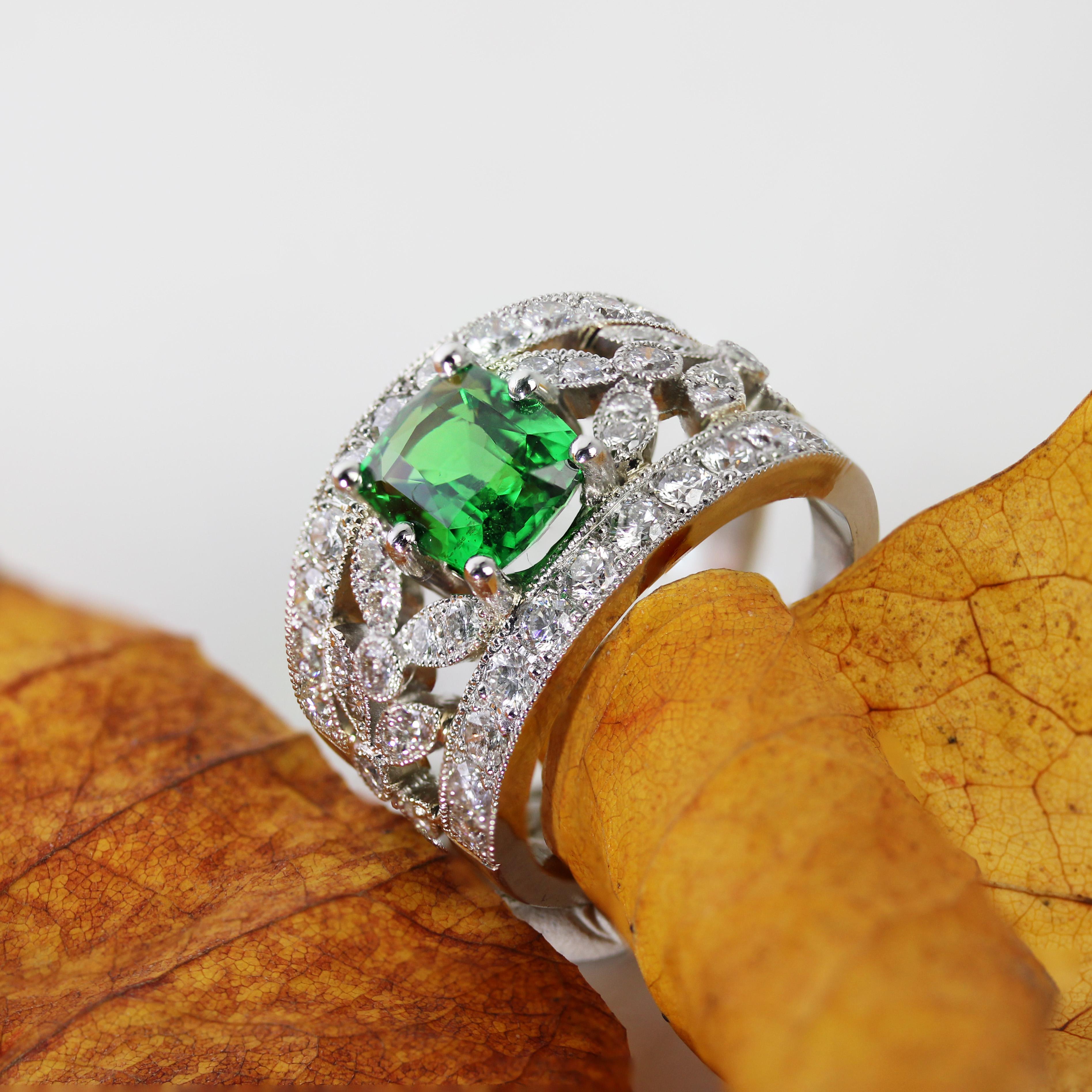 New Tsavorite Garnet Diamonds Platinum Band Ring For Sale 4