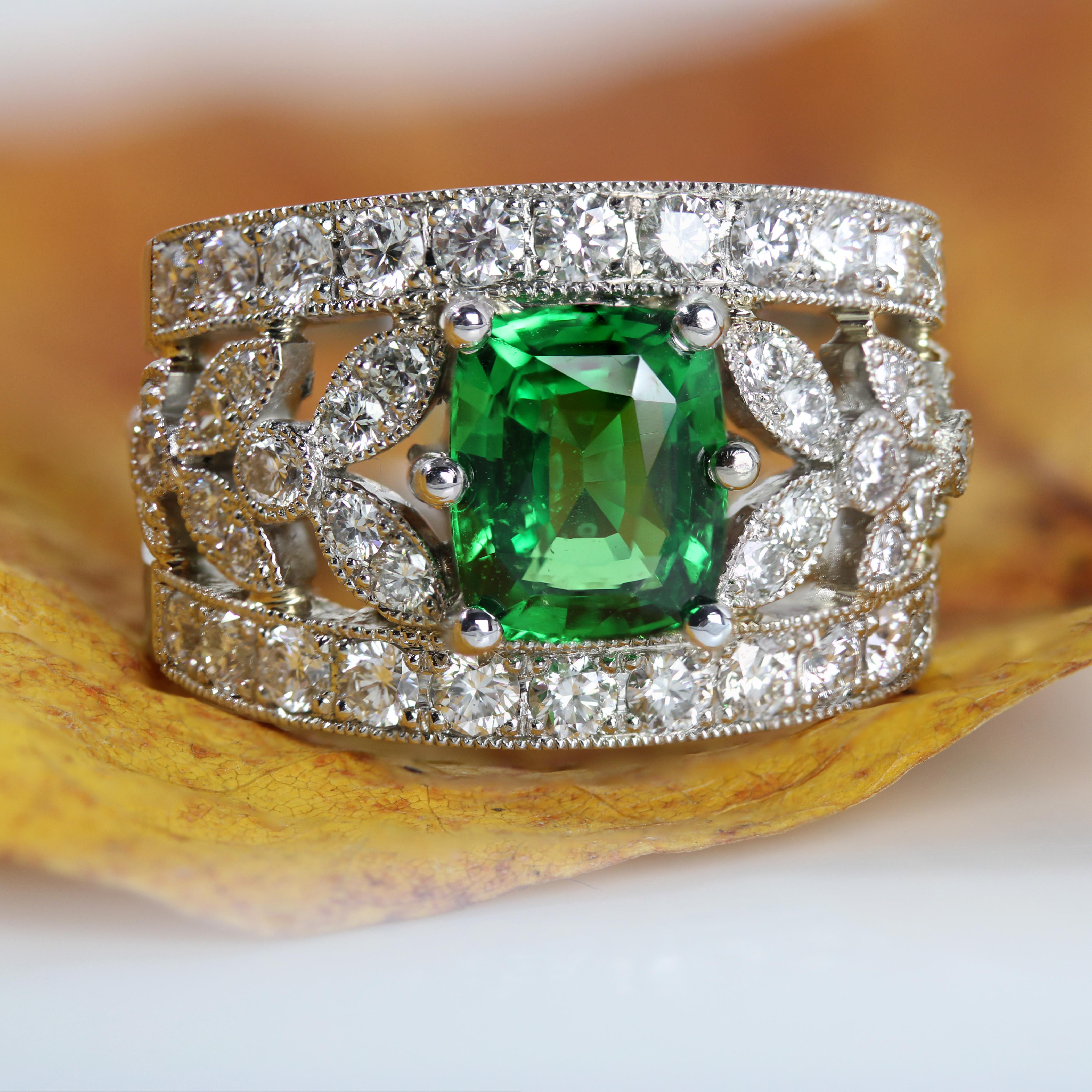 Modern New Tsavorite Garnet Diamonds Platinum Band Ring For Sale