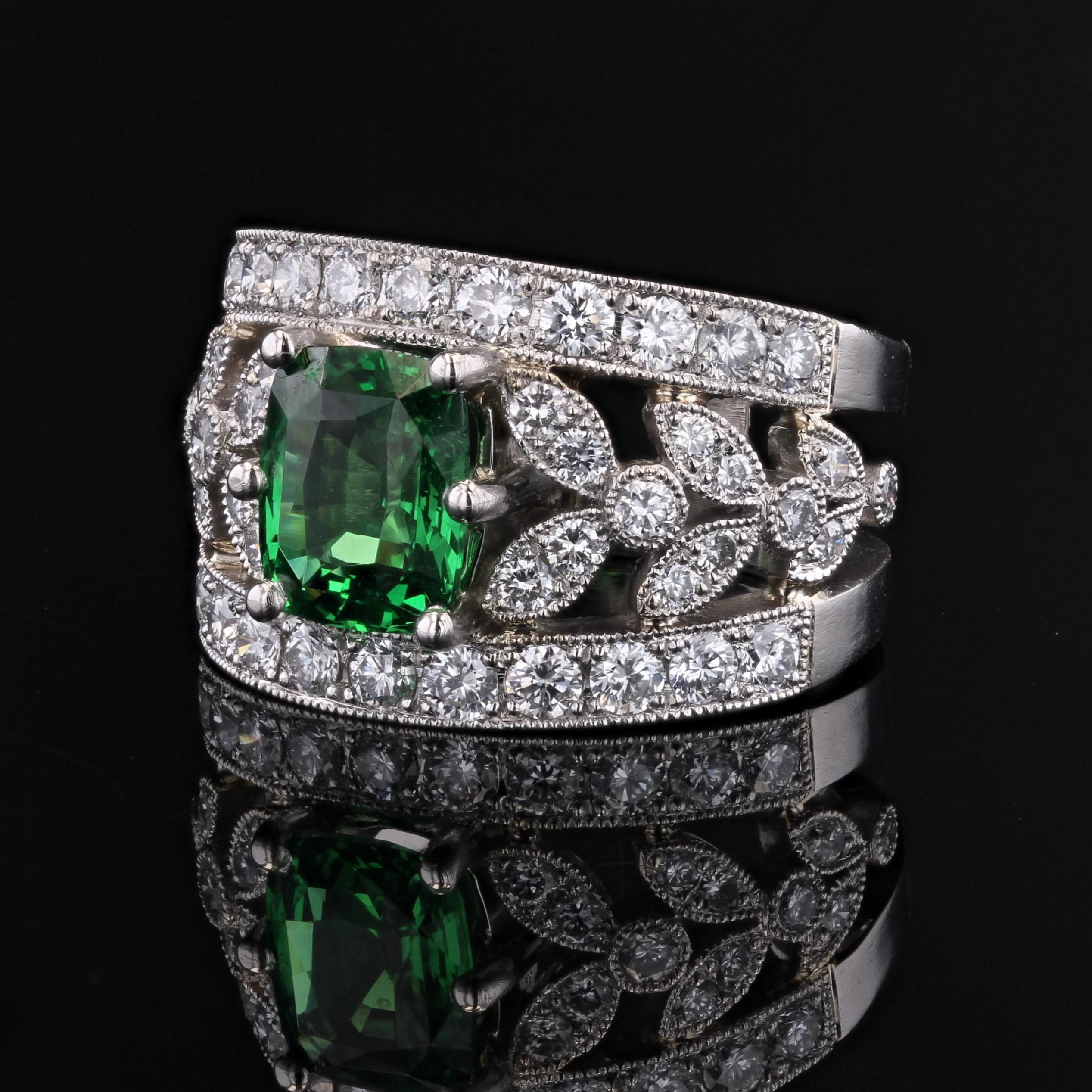 New Tsavorite Garnet Diamonds Platinum Band Ring For Sale 1