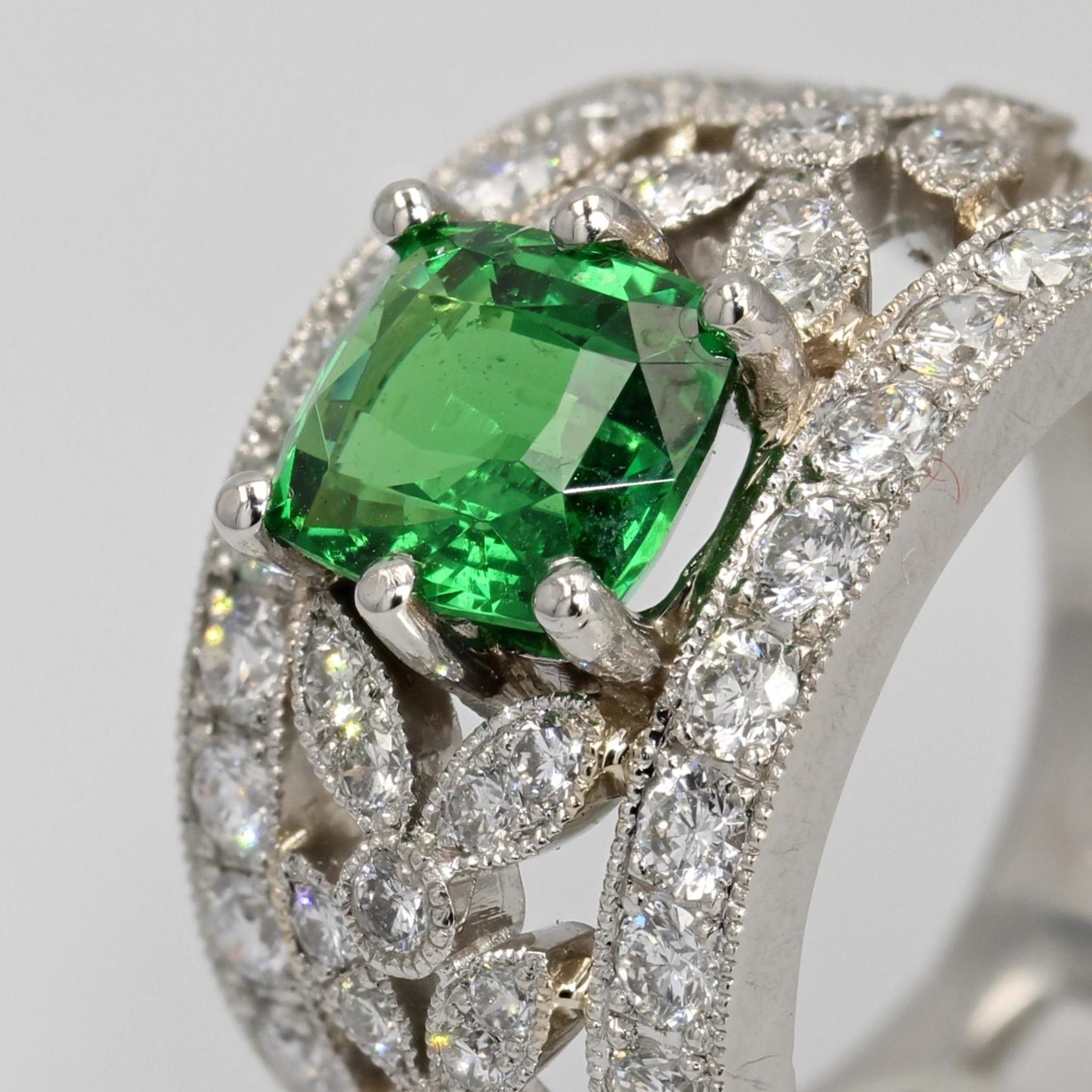 New Tsavorite Garnet Diamonds Platinum Band Ring For Sale 3