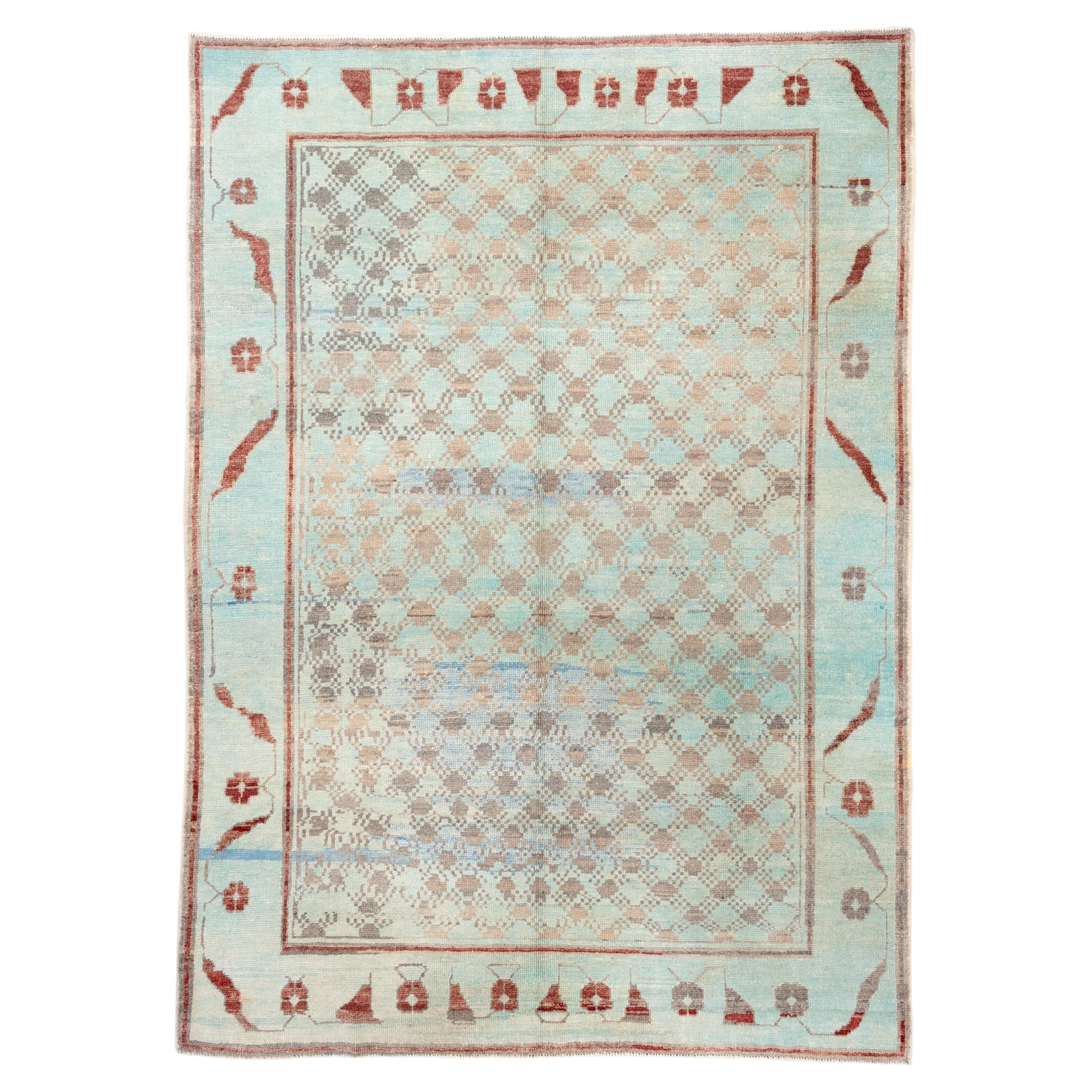 New Turkish Gabbeh with Lattice Field in Sky Blue, Ivory and Terracotta