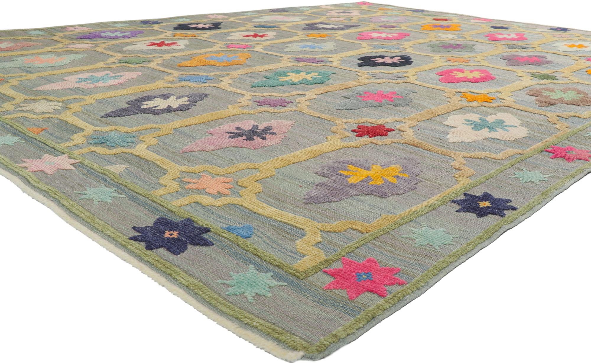 53783 new Turkish Kilim geometric high low rug 10'02 x 13'10. Full of tiny details and a bold compartmental design combined with vibrant colors, this hand-woven wool Turkish Kilim geometric high low rug is a captivating vision of woven beauty. The