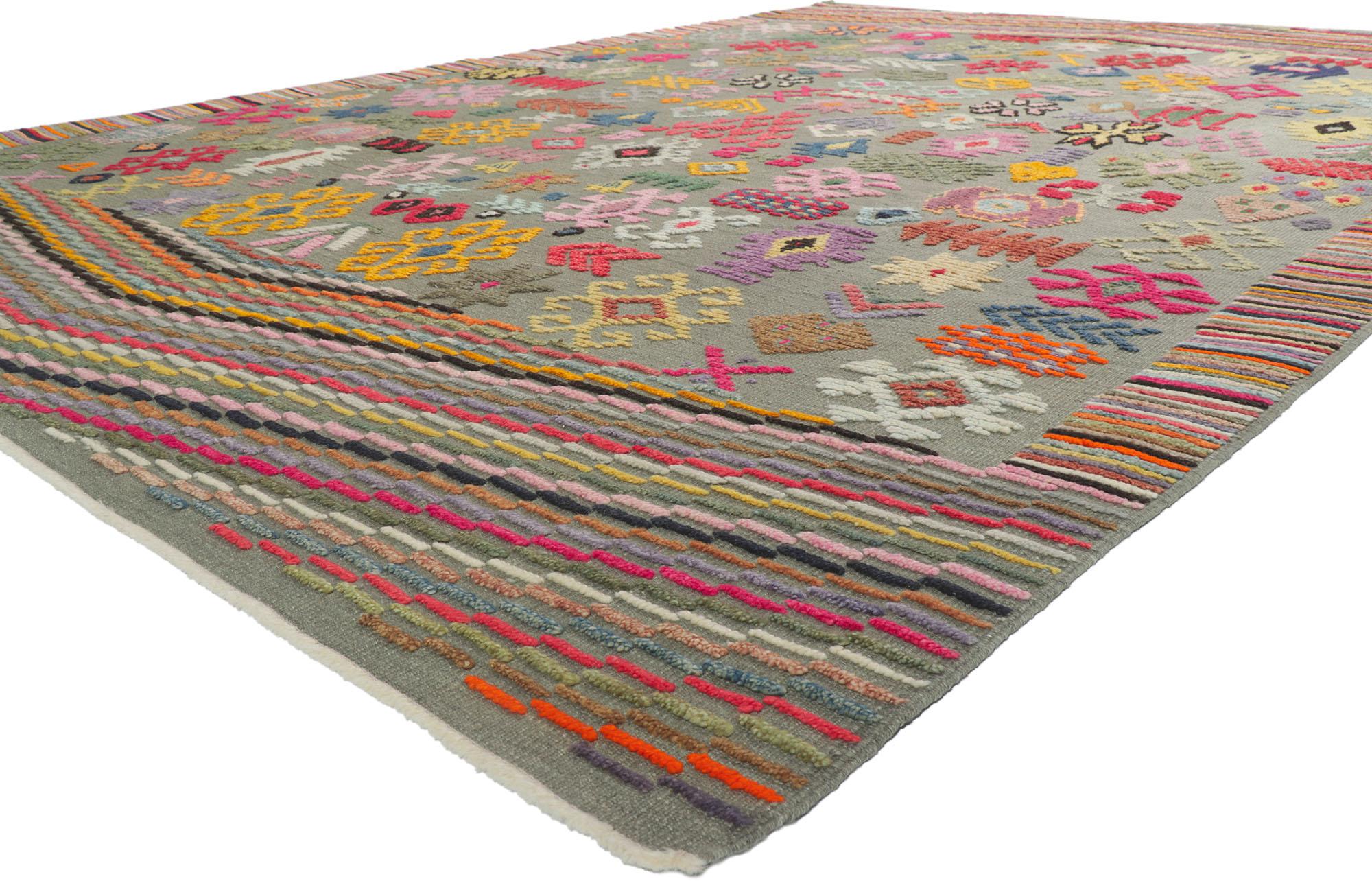 53784 Modern High-Low Turkish Rug, 10'02 x 14'04. Maximalist design meets bohemian style in this handwoven wool modern high-low Turkish rug, creating a dynamic and eclectic fusion that celebrates artistic freedom, self-expression, and a love for