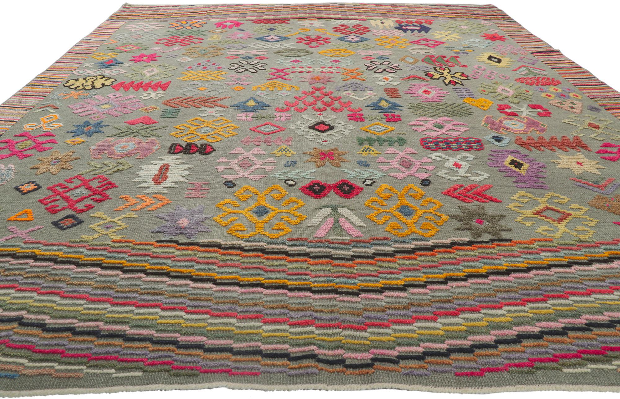 Kilim Modern High-Low Turkish Area Rug, Maximalist Design Meets Bohemian Style For Sale