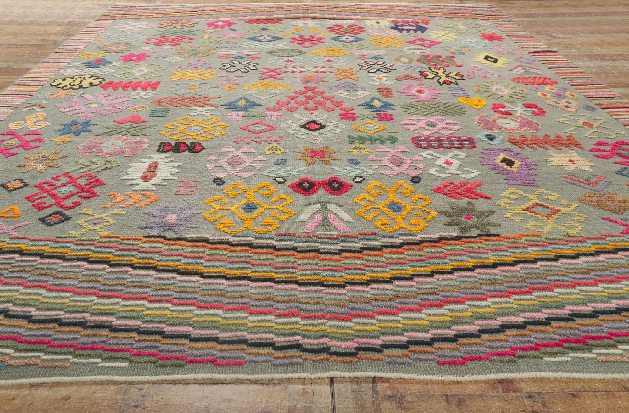 Wool Modern High-Low Turkish Area Rug, Maximalist Design Meets Bohemian Style For Sale
