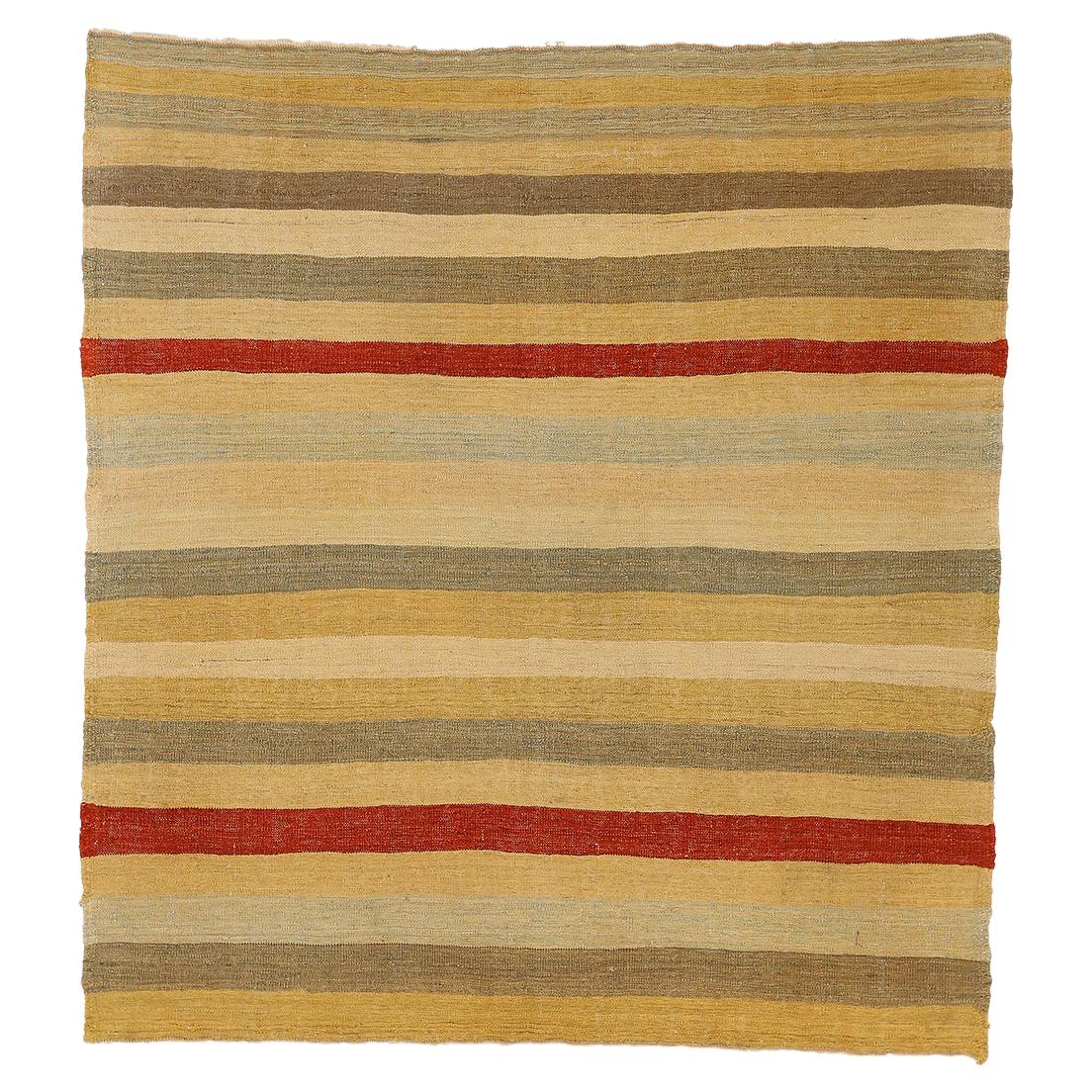 New Turkish Kilim Rug with a Field of Mixed Red & Brown Stripes For Sale