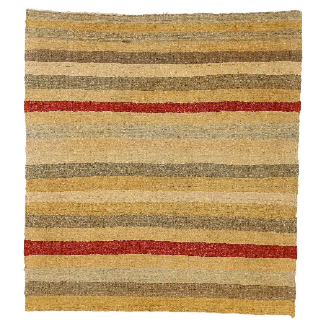 Nueva Alfombra Kilim Turca con Campo de Rayas Mixtas Rojas y Marrones