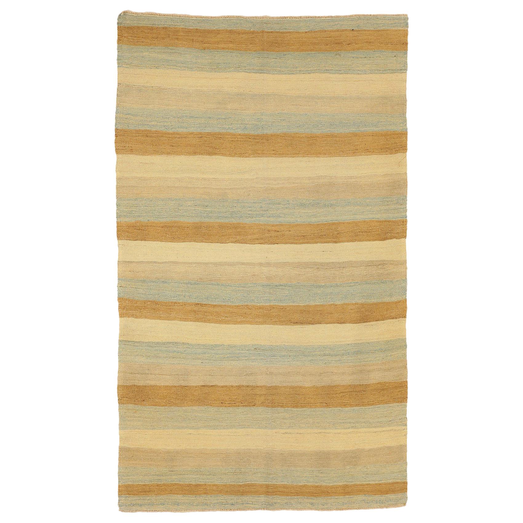 New Turkish Kilim Rug with an Ivory Field of Blue and Brown Stripes For Sale