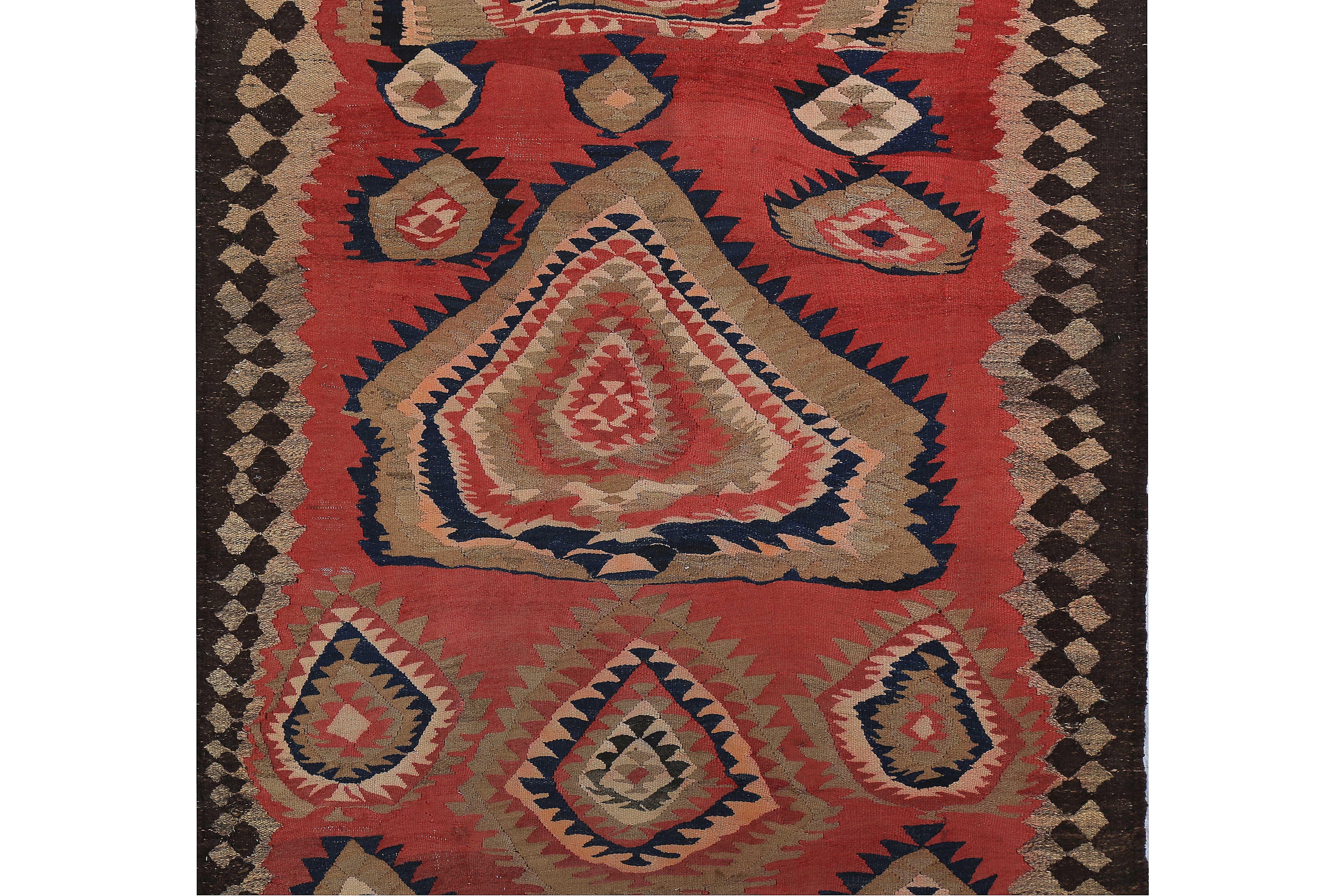 Hand-Woven New Turkish Kilim Rug with Beige & Navy Tribal Medallions on Red and Brown Field For Sale