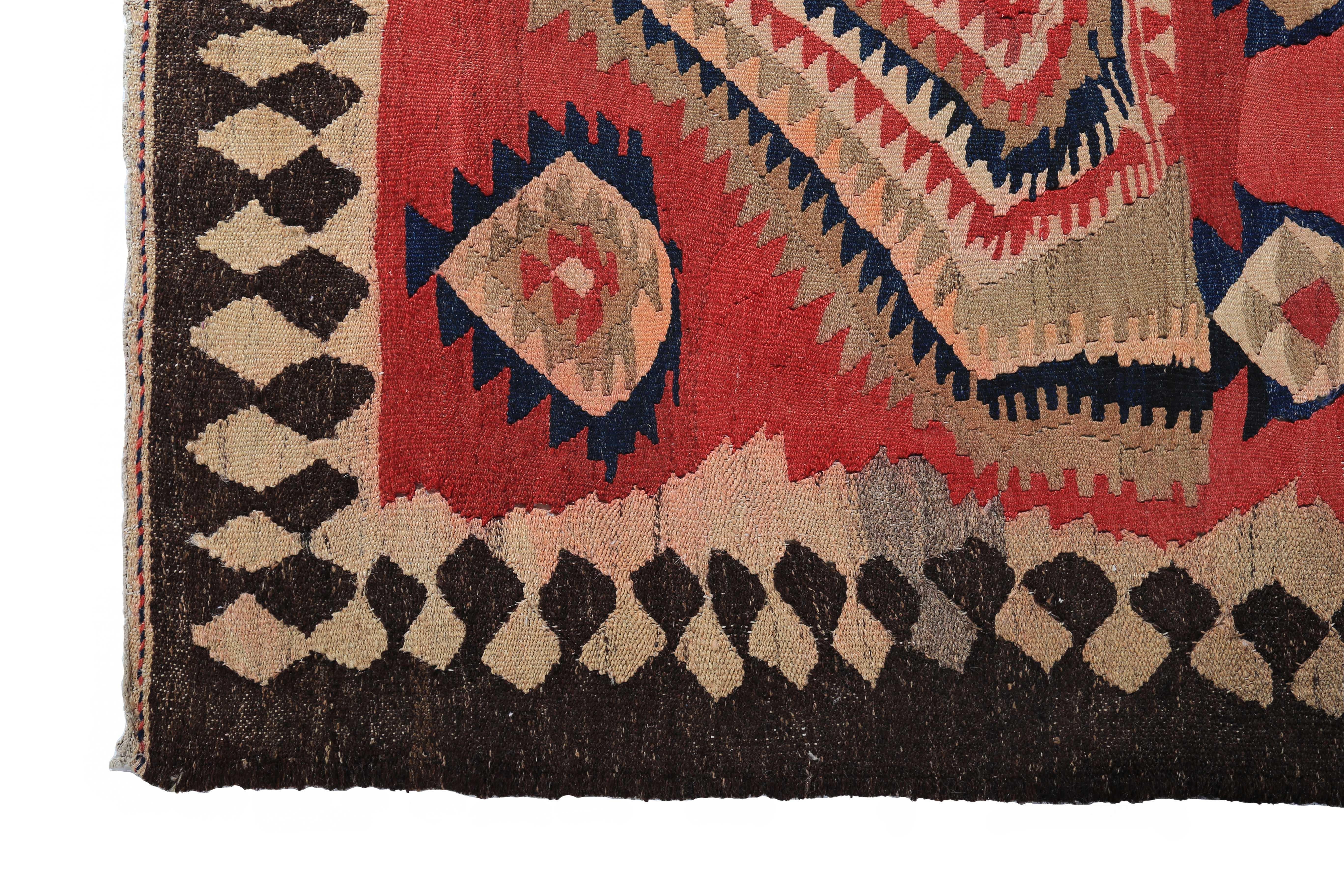 New Turkish Kilim Rug with Beige & Navy Tribal Medallions on Red and Brown Field In New Condition For Sale In Dallas, TX