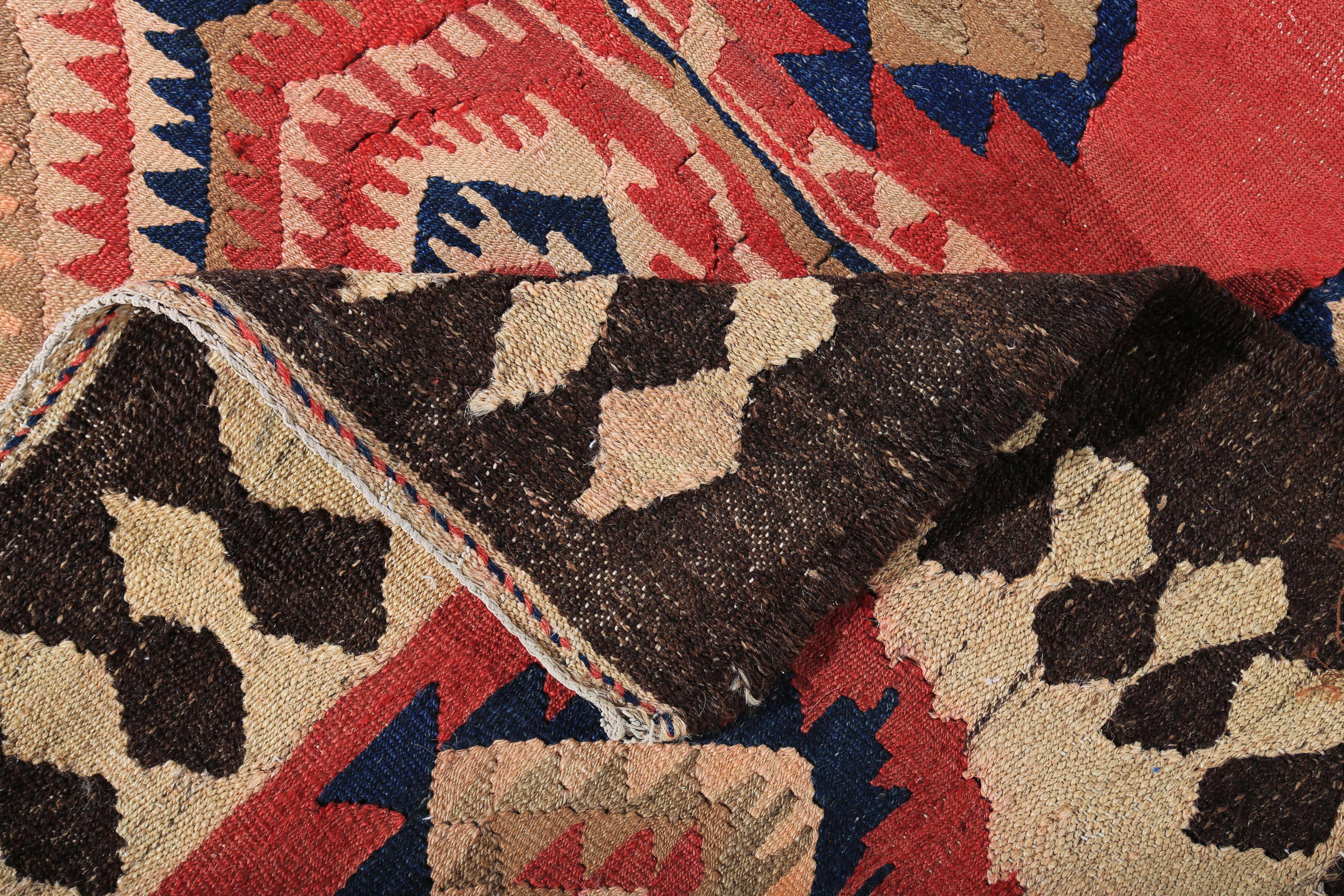 Wool New Turkish Kilim Rug with Beige & Navy Tribal Medallions on Red and Brown Field For Sale