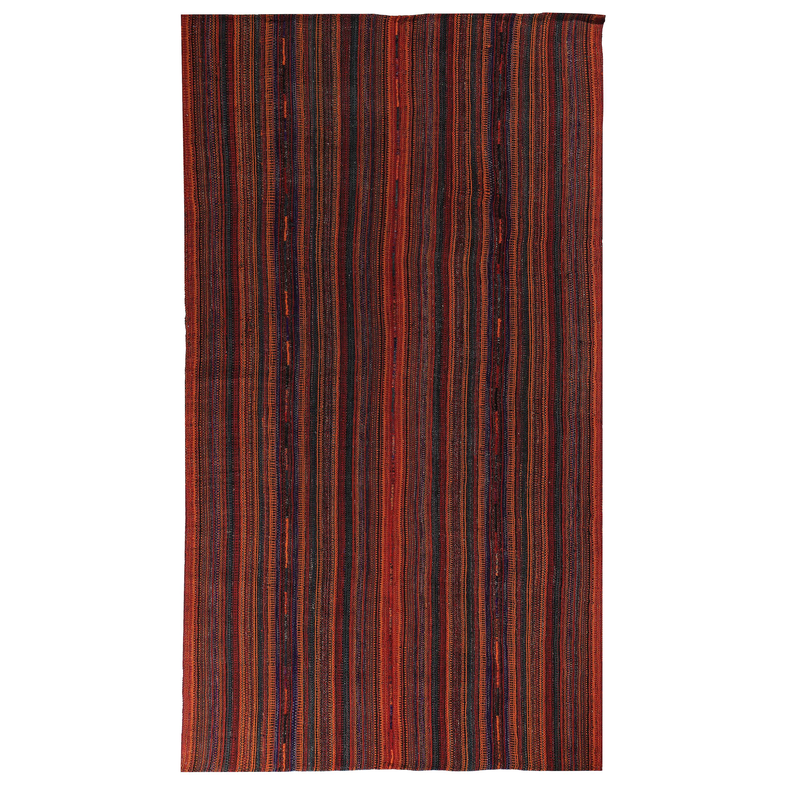 New Turkish Kilim Rug with Black and Red Tribal Stripes