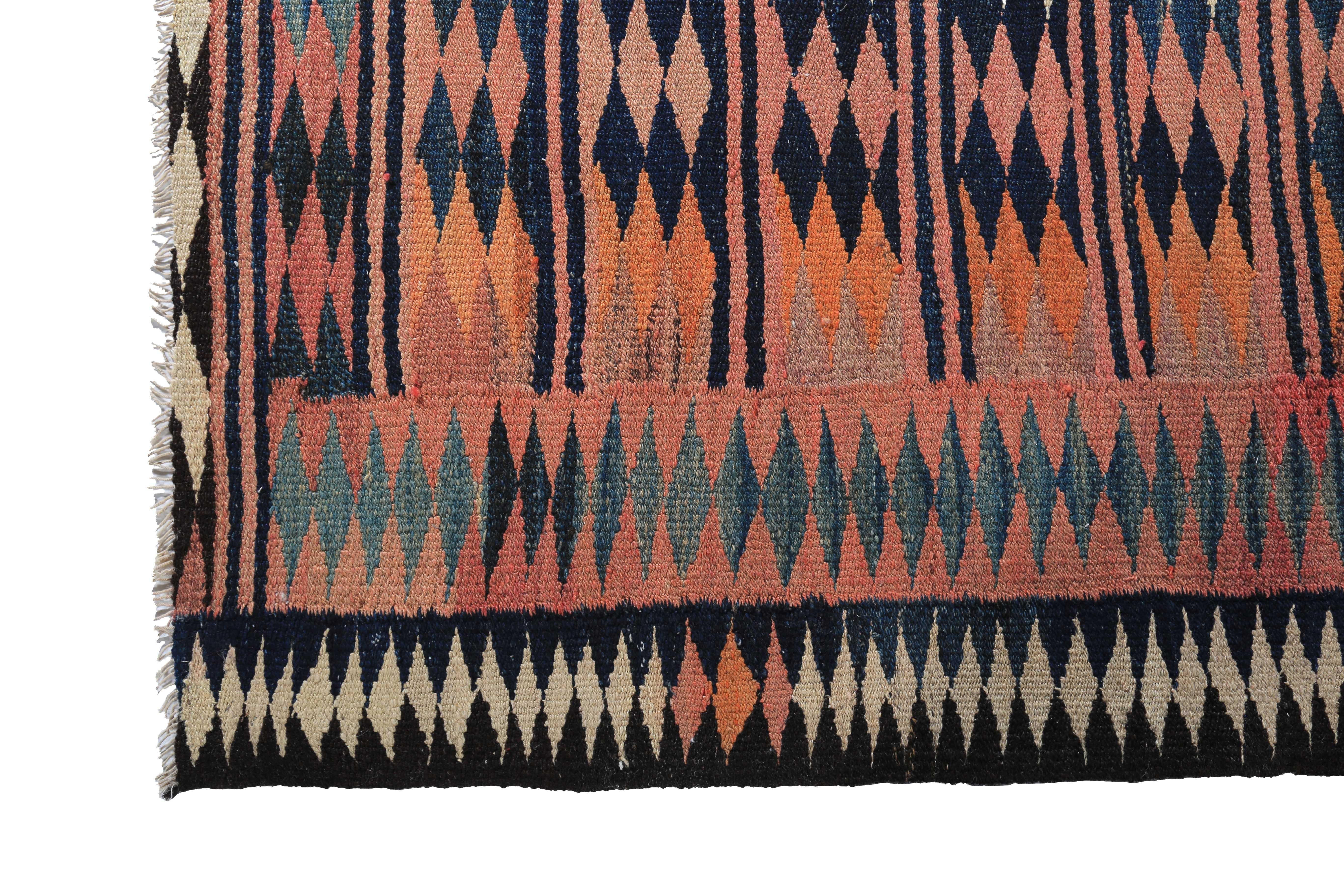 Hand-Woven New Turkish Kilim Rug with Colorful Geometric Patterns on Black Field For Sale