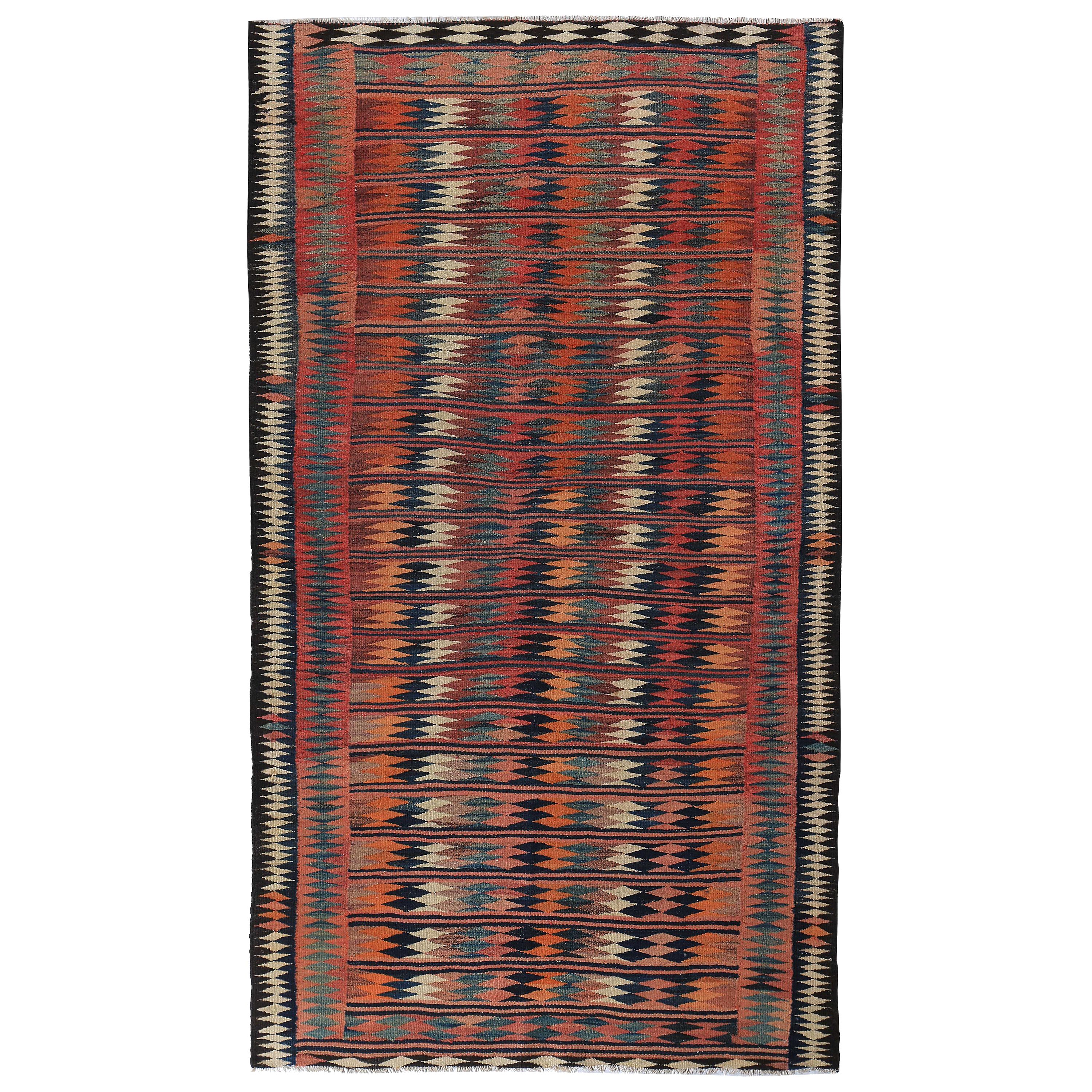 New Turkish Kilim Rug with Colorful Geometric Patterns on Black Field For Sale