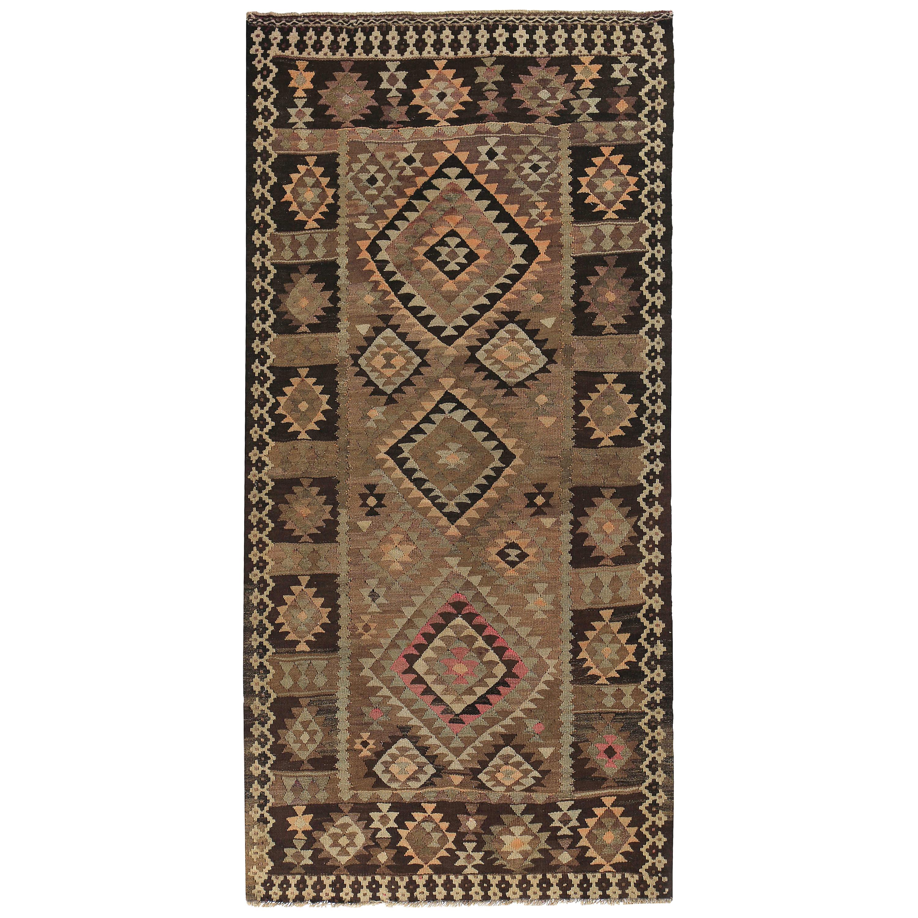 New Turkish Kilim Rug with Pink and Ivory Medallions on Brown Field