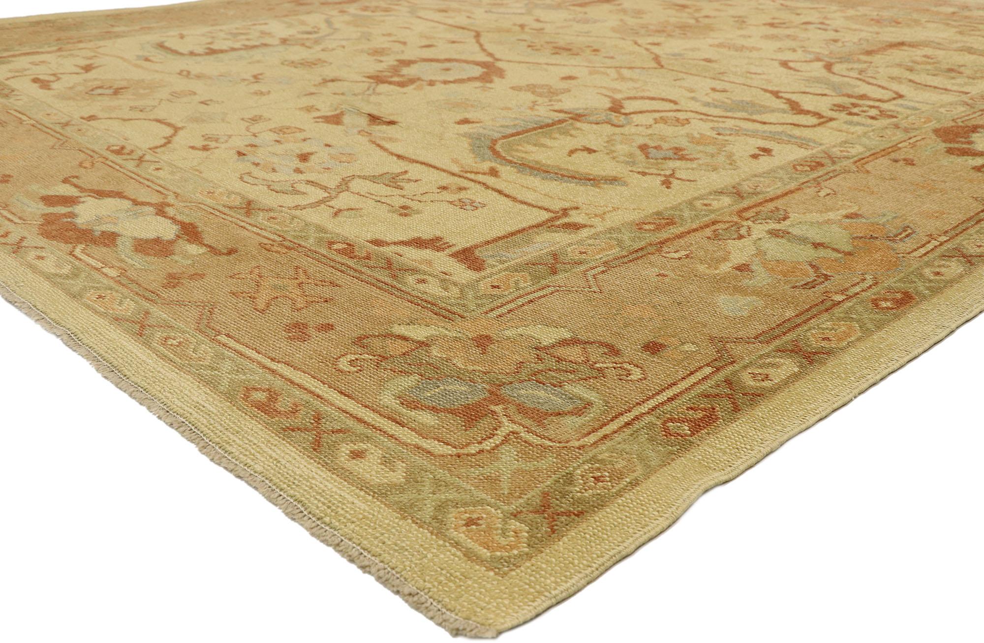 51862, new Turkish Oushak Area rug with Arts & Crafts style. This hand knotted wool new contemporary Turkish Oushak rug features a large-scale Herati pattern spread across an abrashed champagne colored field. The Classic Herati pattern, also known
