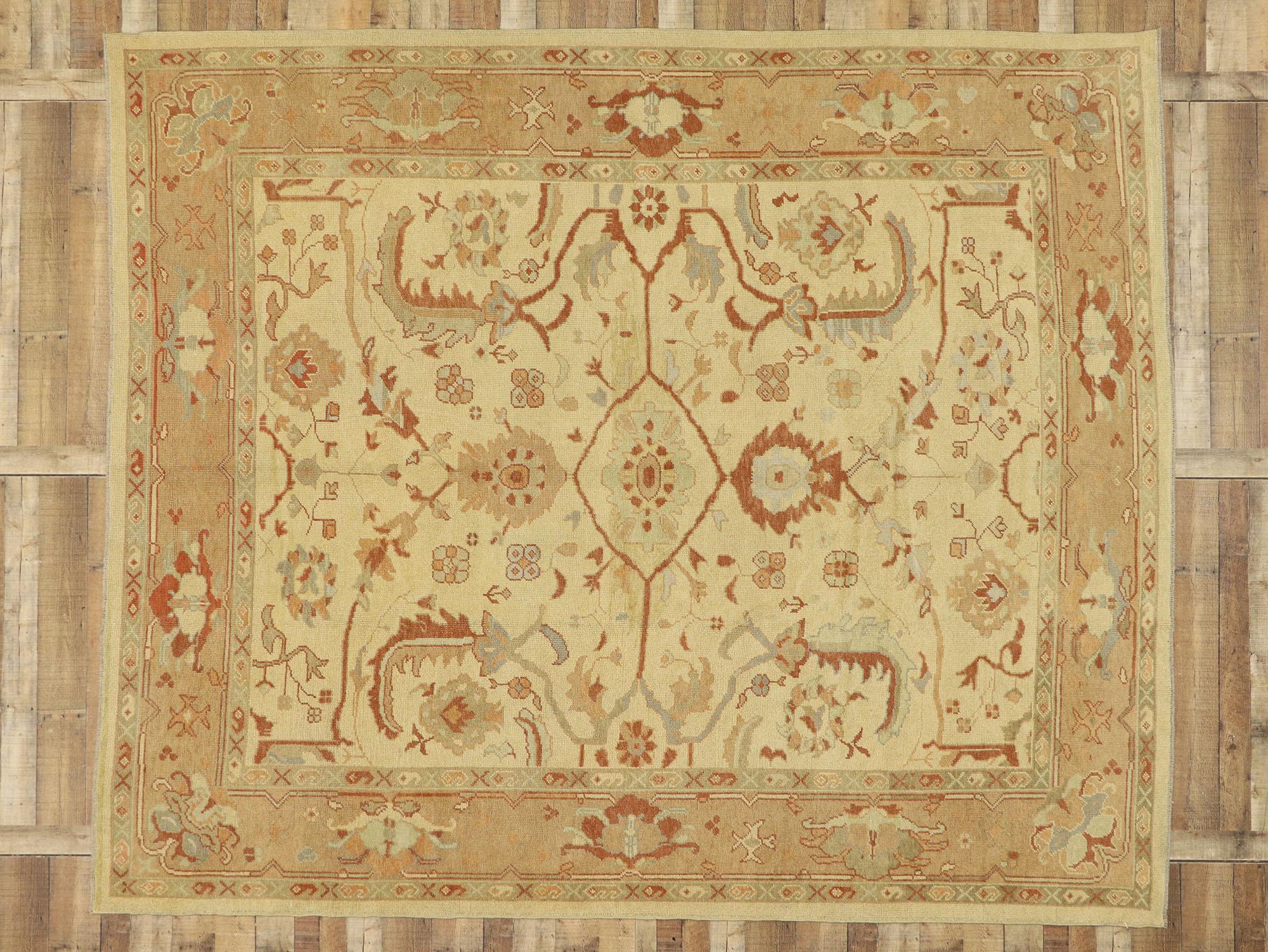 New Turkish Oushak Area Rug with Arts & Crafts Style For Sale 1