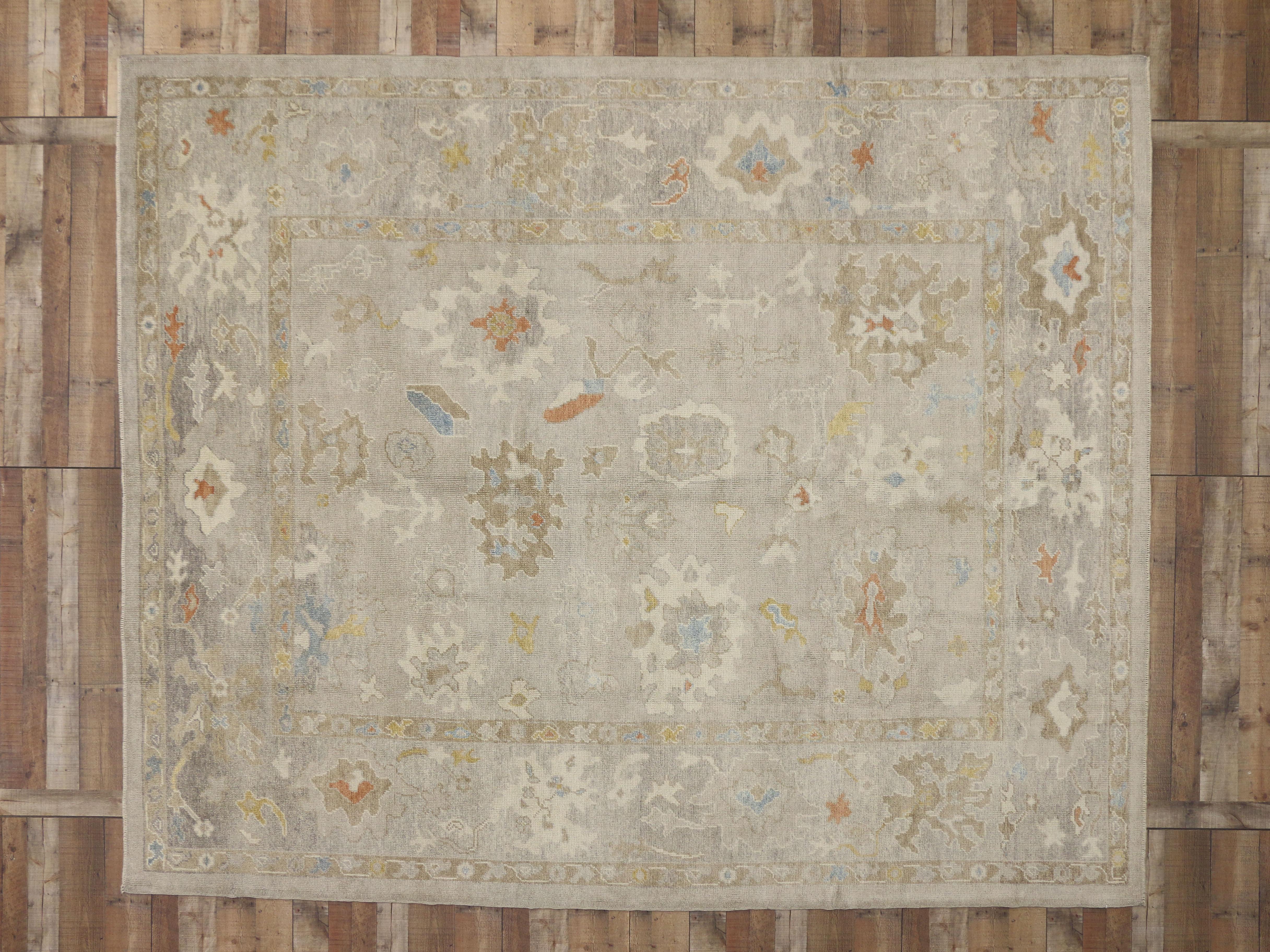 Hand-Knotted New Turkish Oushak Area Rug with Light, Neutral Colors For Sale