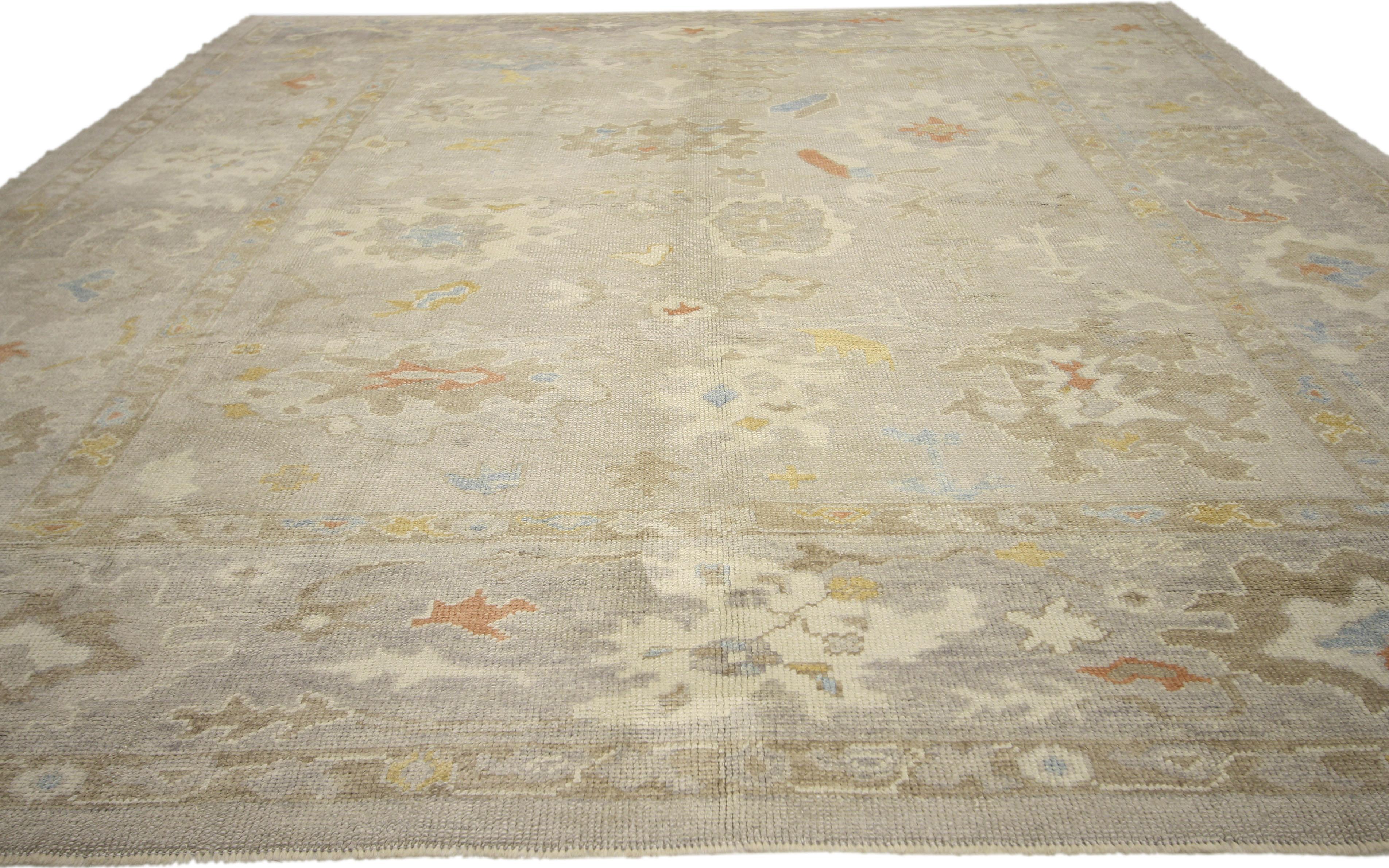 Contemporary New Turkish Oushak Area Rug with Light, Neutral Colors For Sale