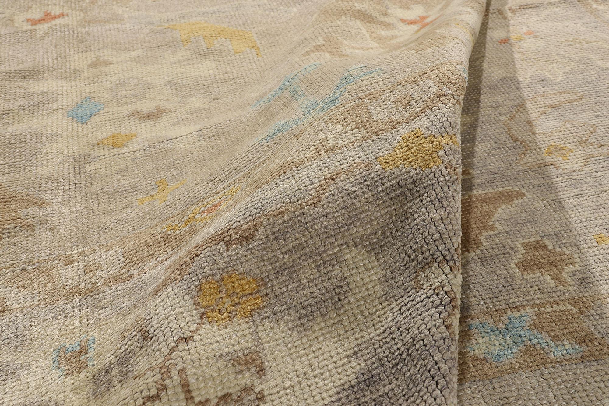 52359 New Modern Earth-Tone Turkish Oushak Rug, 09'08 x 11'07. Emanating a quiet grandeur steeped in heritage and intention, this hand-knotted wool modern Turkish Oushak rug invites you into a world where rarity and refinement converge. Its abrashed