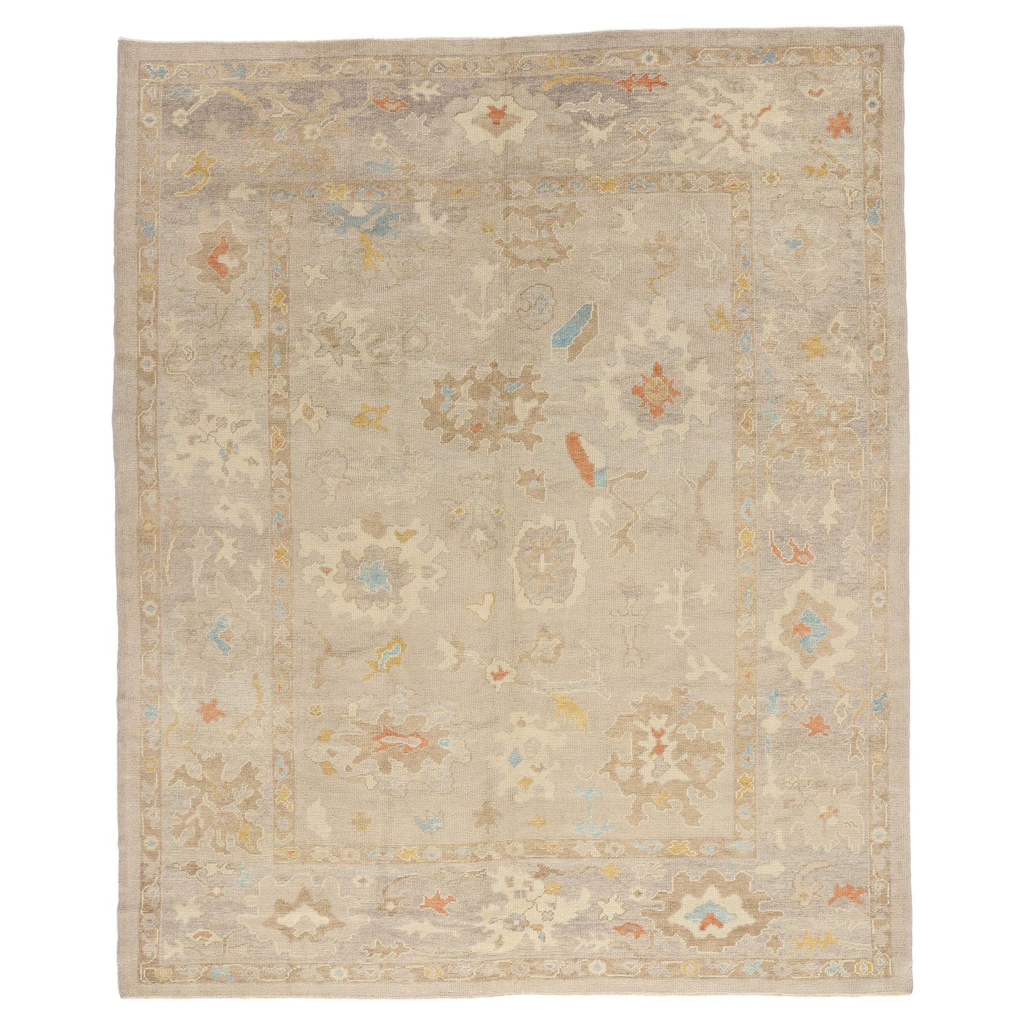 New Modern Earth-Tone Turkish Oushak Rug with Transitional Style For Sale
