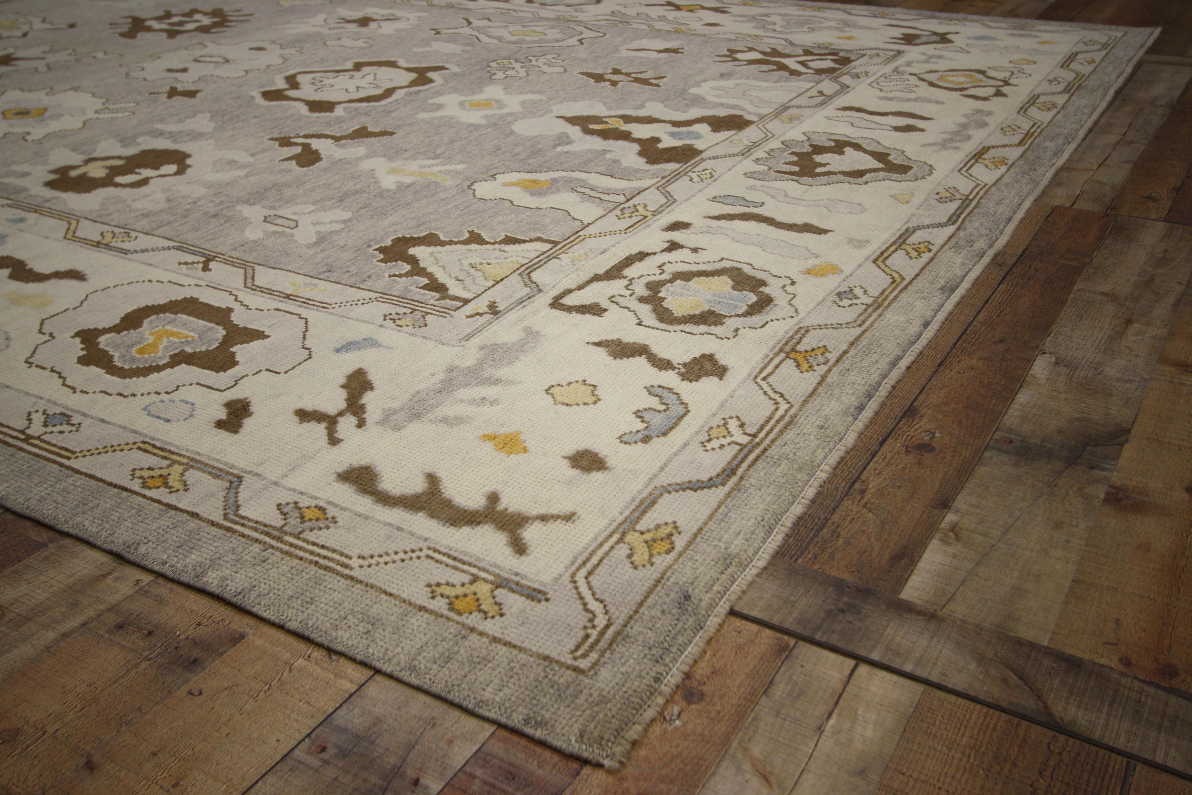 52360 New Turkish Oushak Area Rug with Neutral Colors 09'08 x 12'06. Classic, calm and cozy, this hand-knotted wool Turkish Oushak area rug features a large-scale geometric pattern of palmettes and abstract shapes on an abrashed gray field. It is