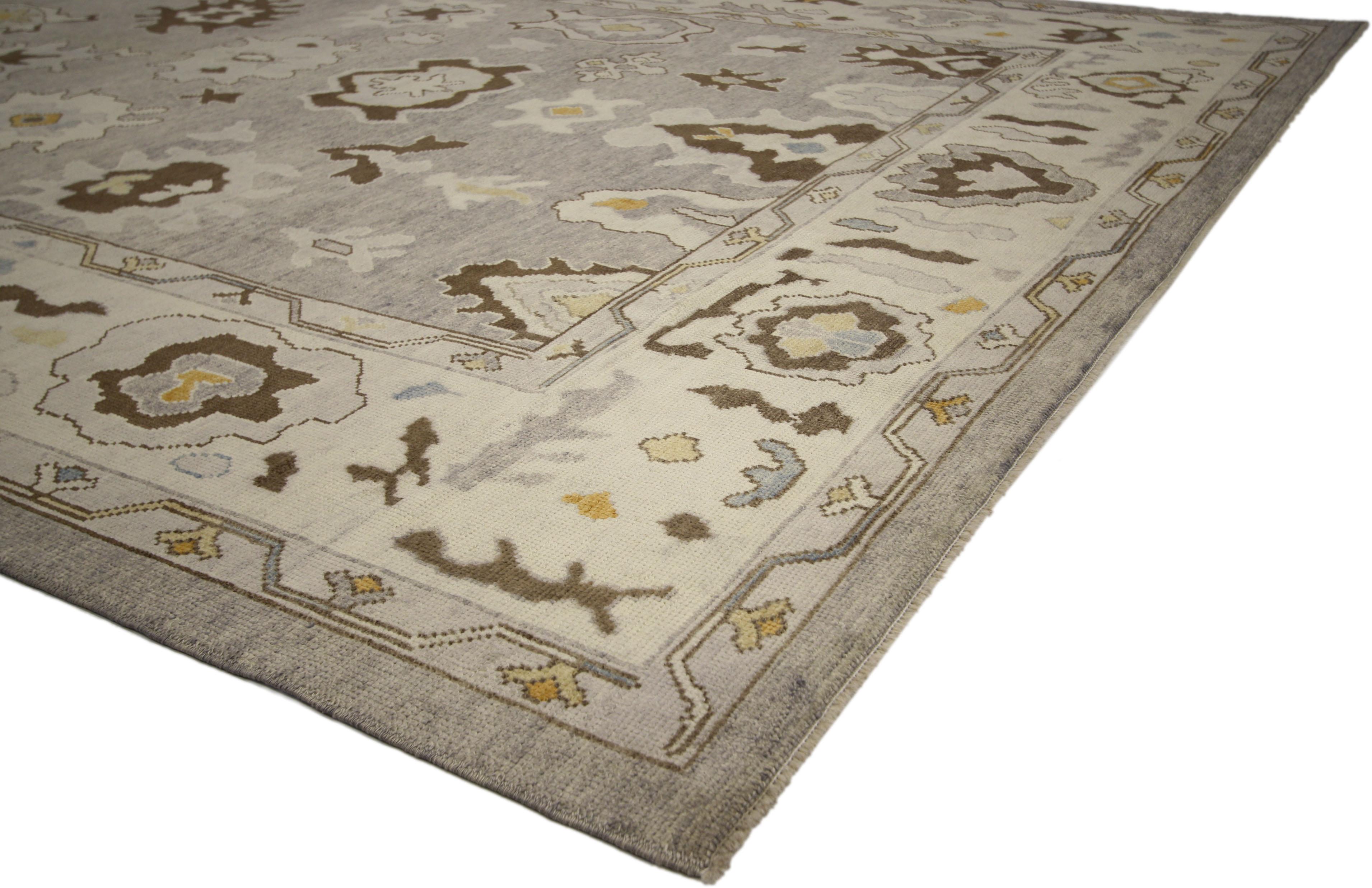 Hand-Knotted New Turkish Oushak Area Rug with Neutral Colors For Sale