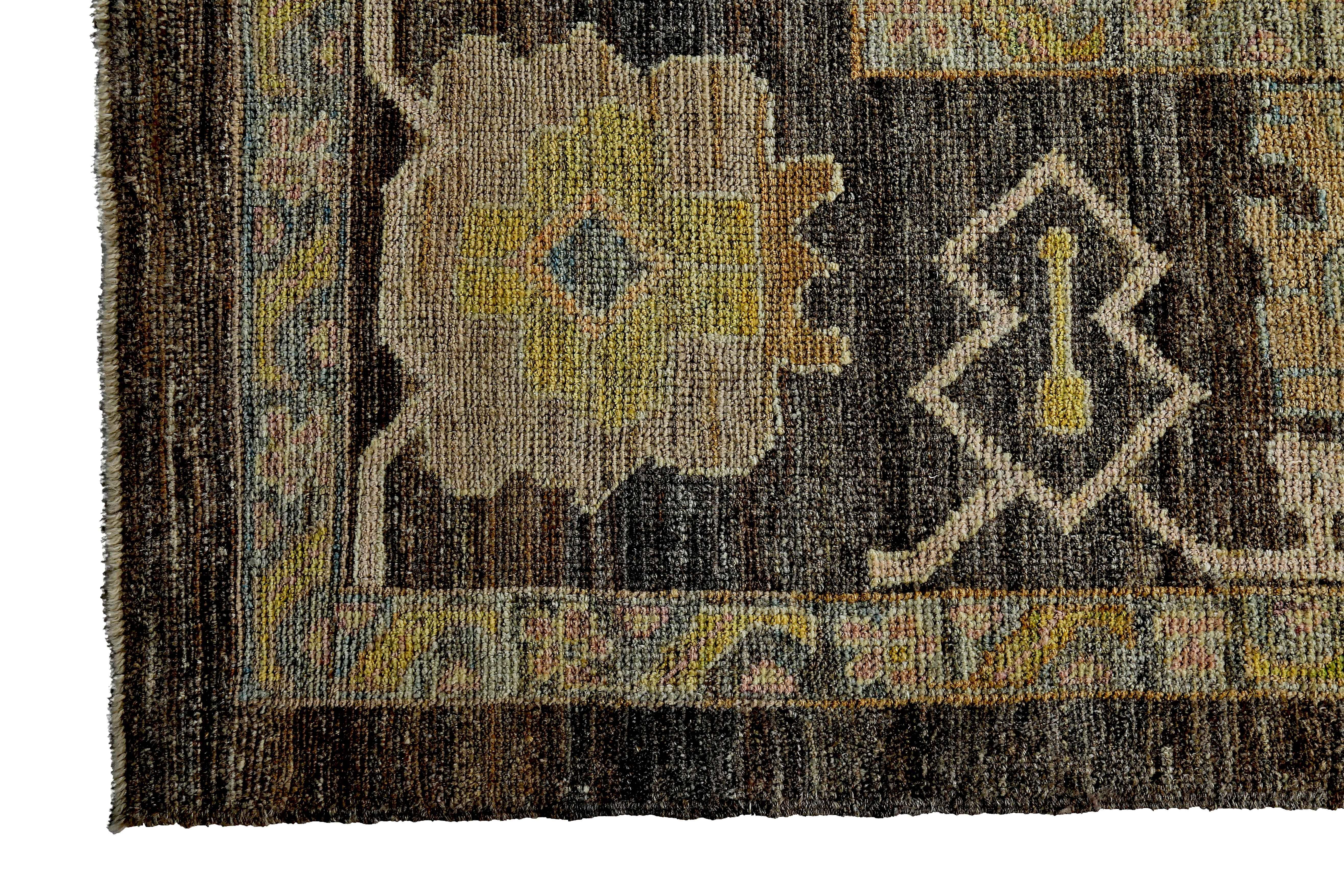 Contemporary New Turkish Oushak Rug in Black and Brown with Colorful Floral Patterns For Sale
