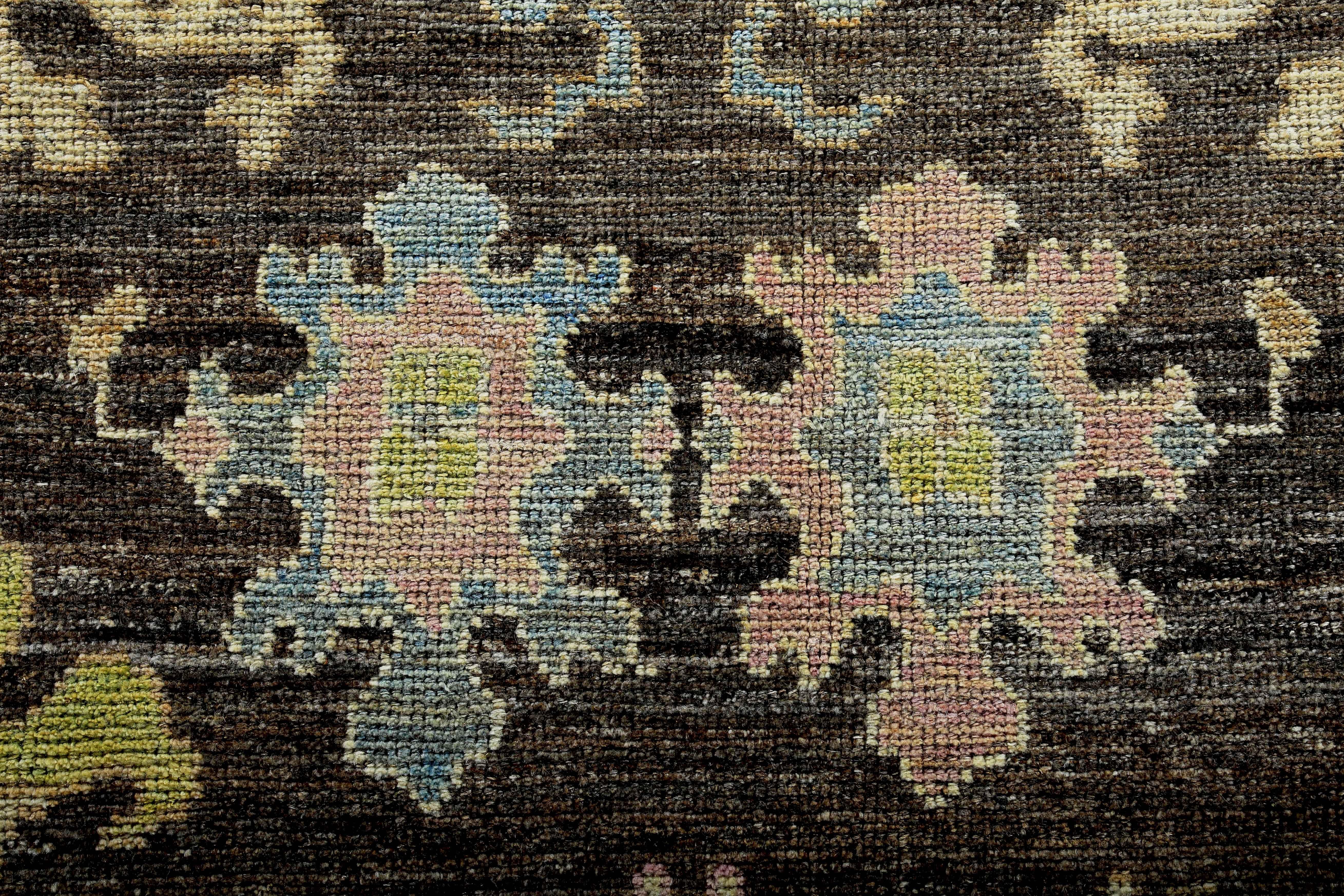 Wool New Turkish Oushak Rug in Black and Brown with Colorful Floral Patterns For Sale