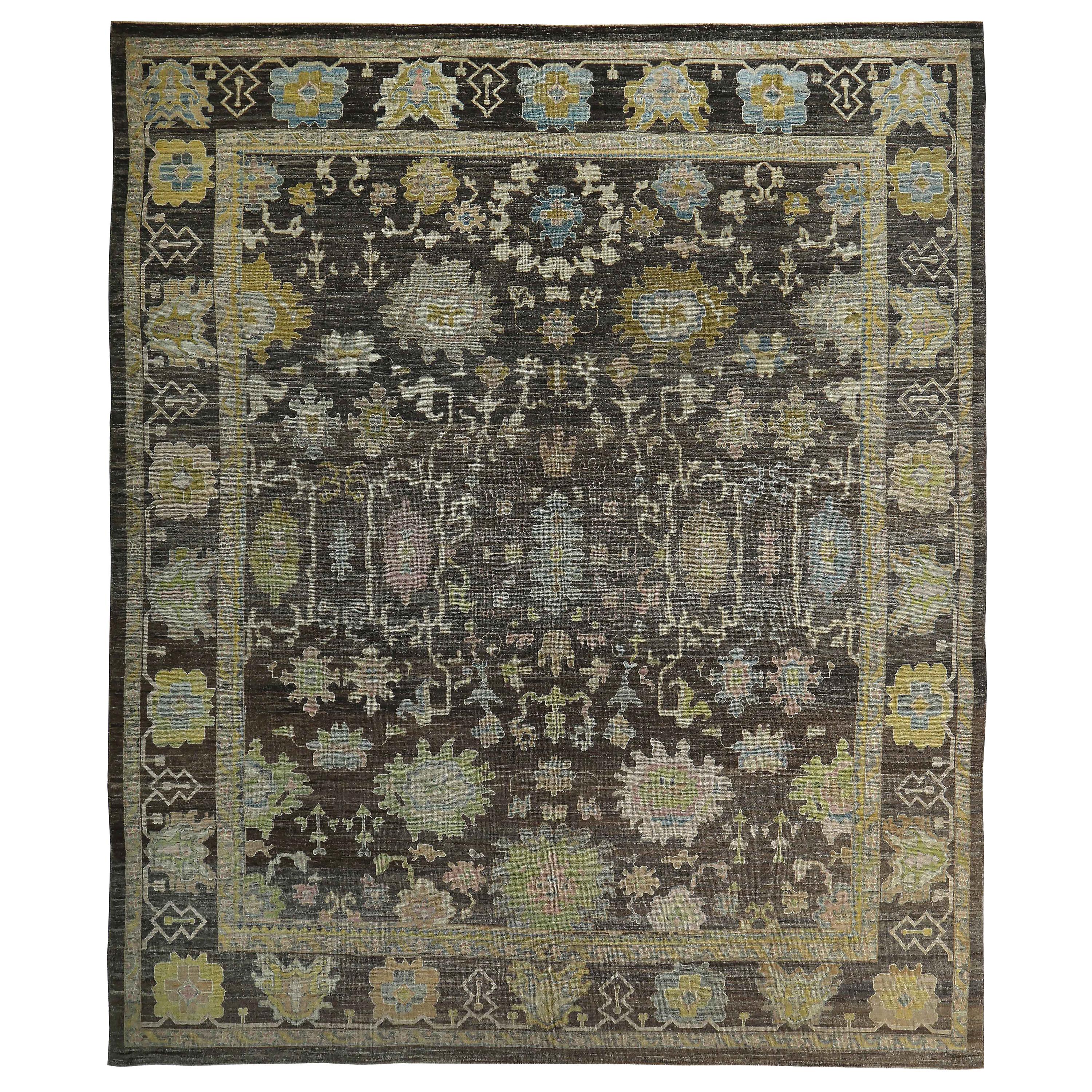 New Turkish Oushak Rug in Black and Brown with Colorful Floral Patterns For Sale