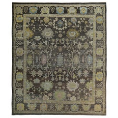 New Turkish Oushak Rug in Black and Brown with Colorful Floral Patterns