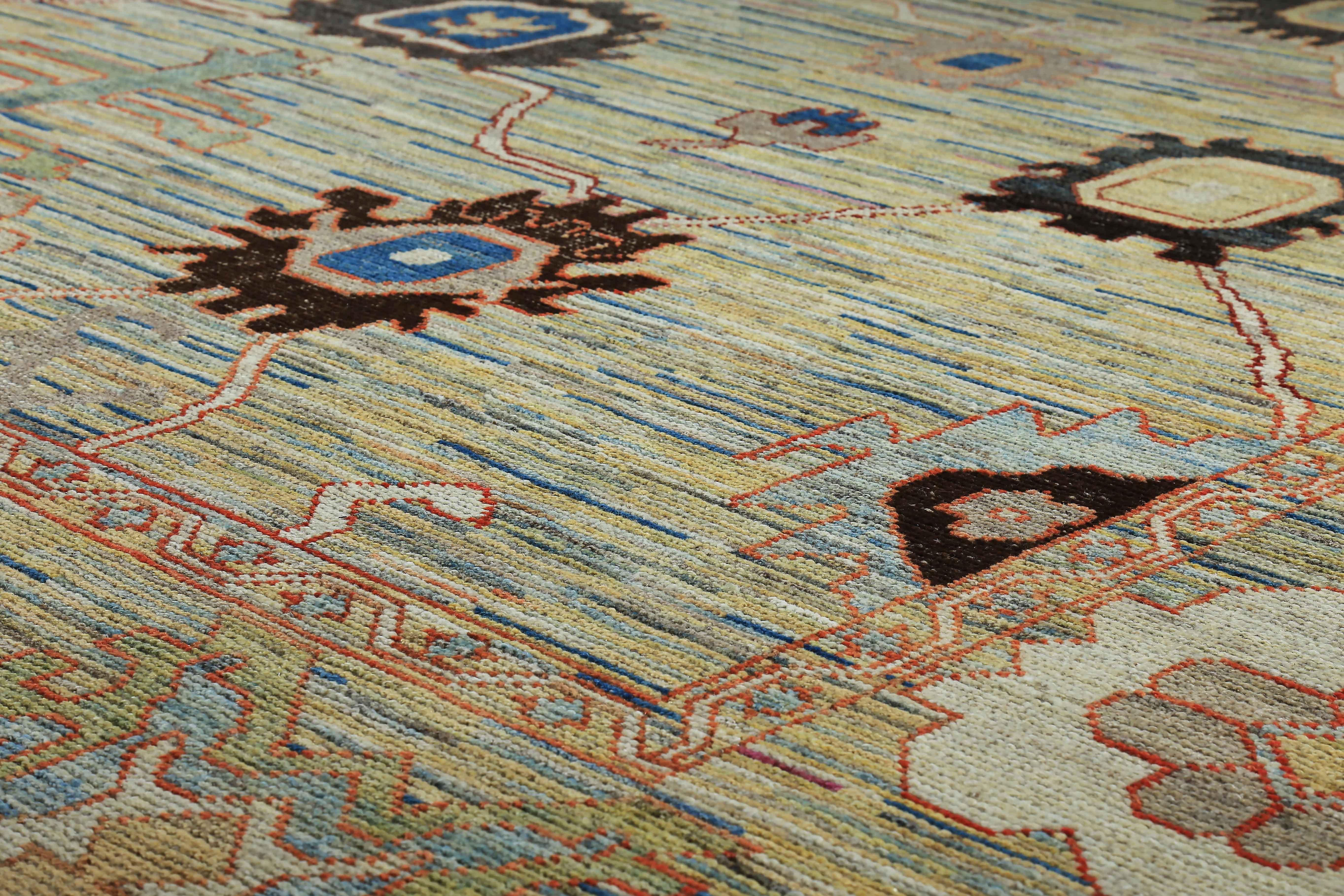 Hand-Woven New Turkish Oushak Rug in Yellow with Brown and Blue Flower Heads Design For Sale