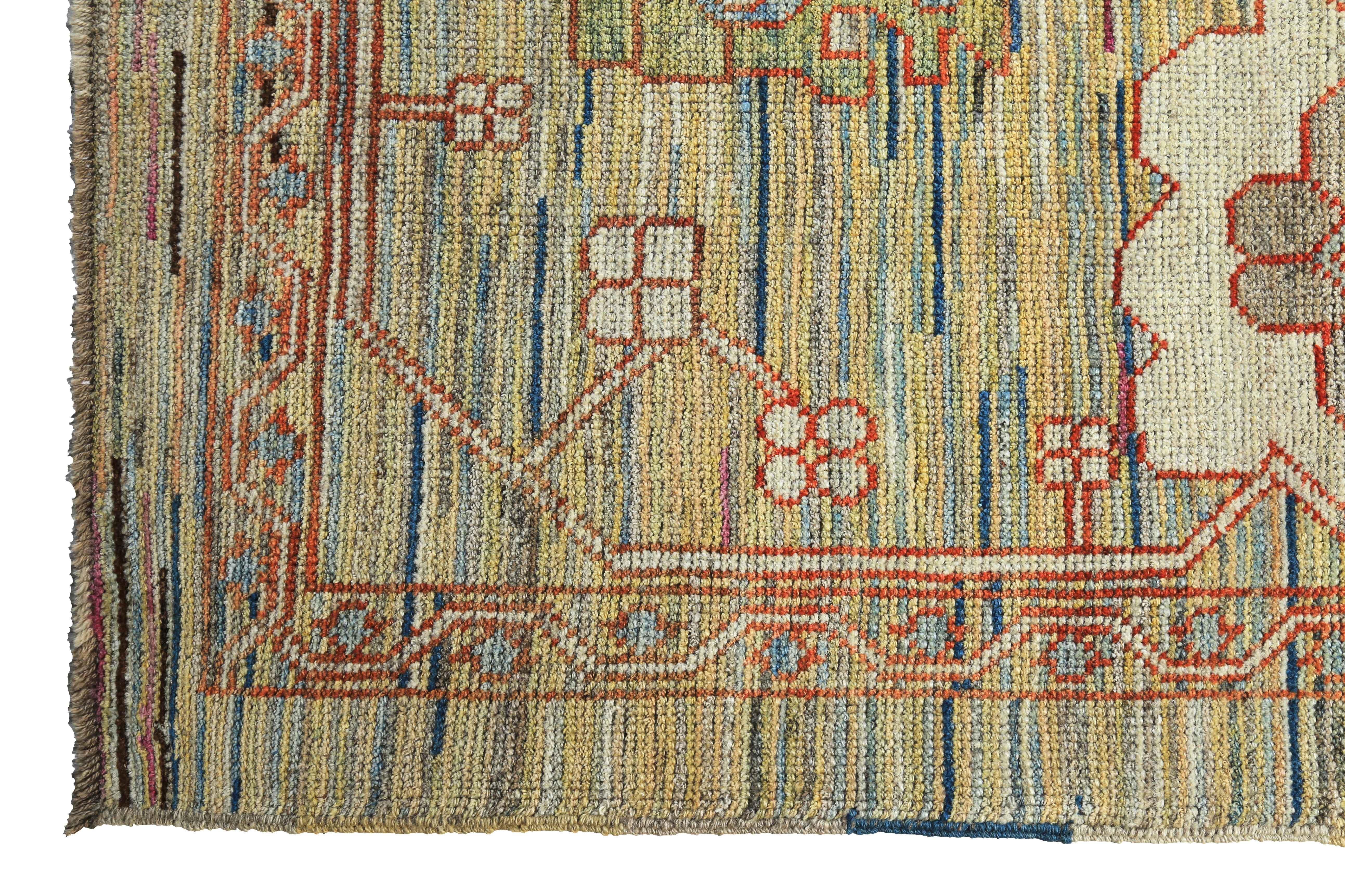 Tessuto a mano Nuovo tappeto turco Oushak giallo con disegni di teste di fiori marroni e blu in vendita