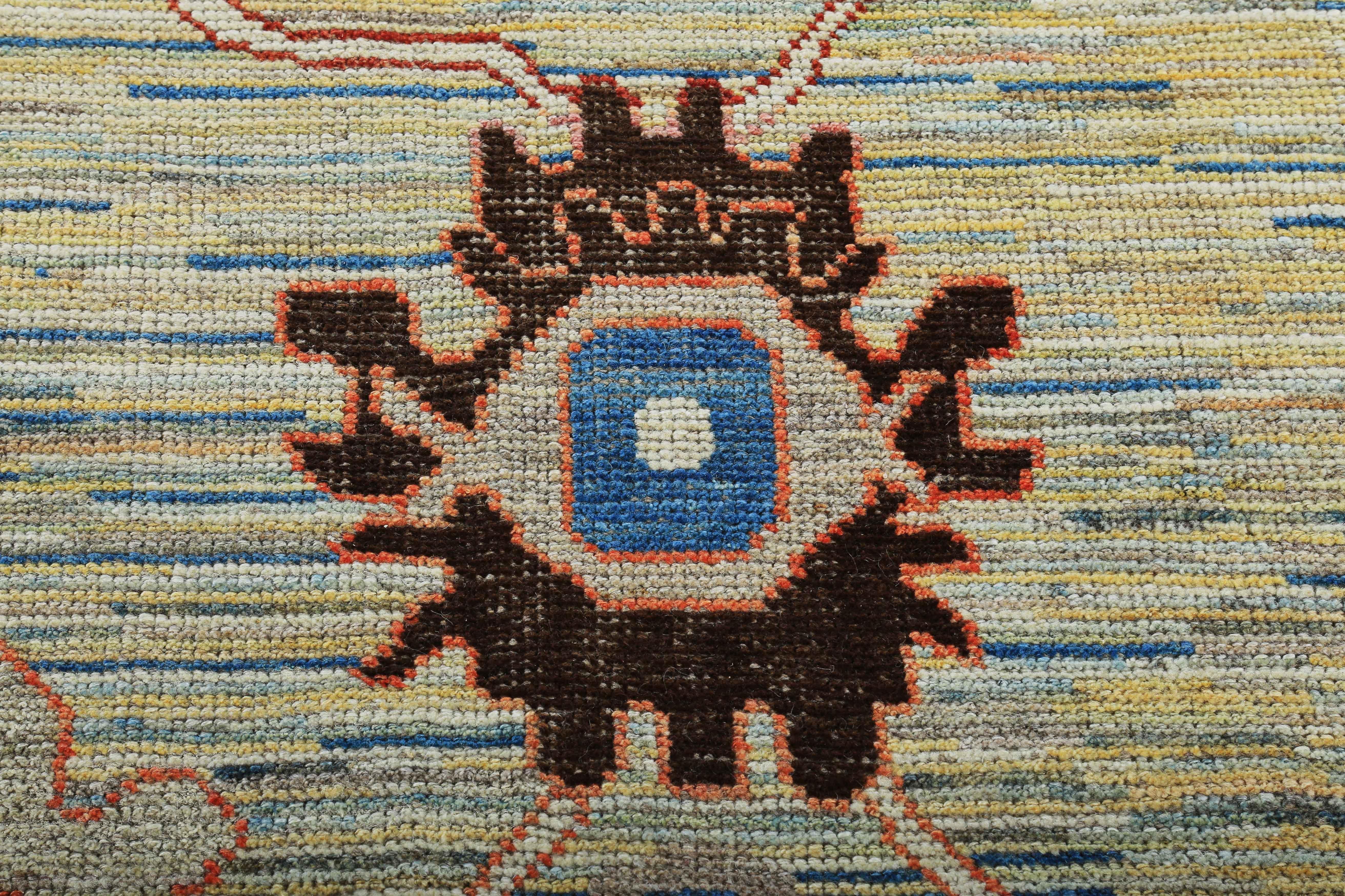 Wool New Turkish Oushak Rug in Yellow with Brown and Blue Flower Heads Design For Sale