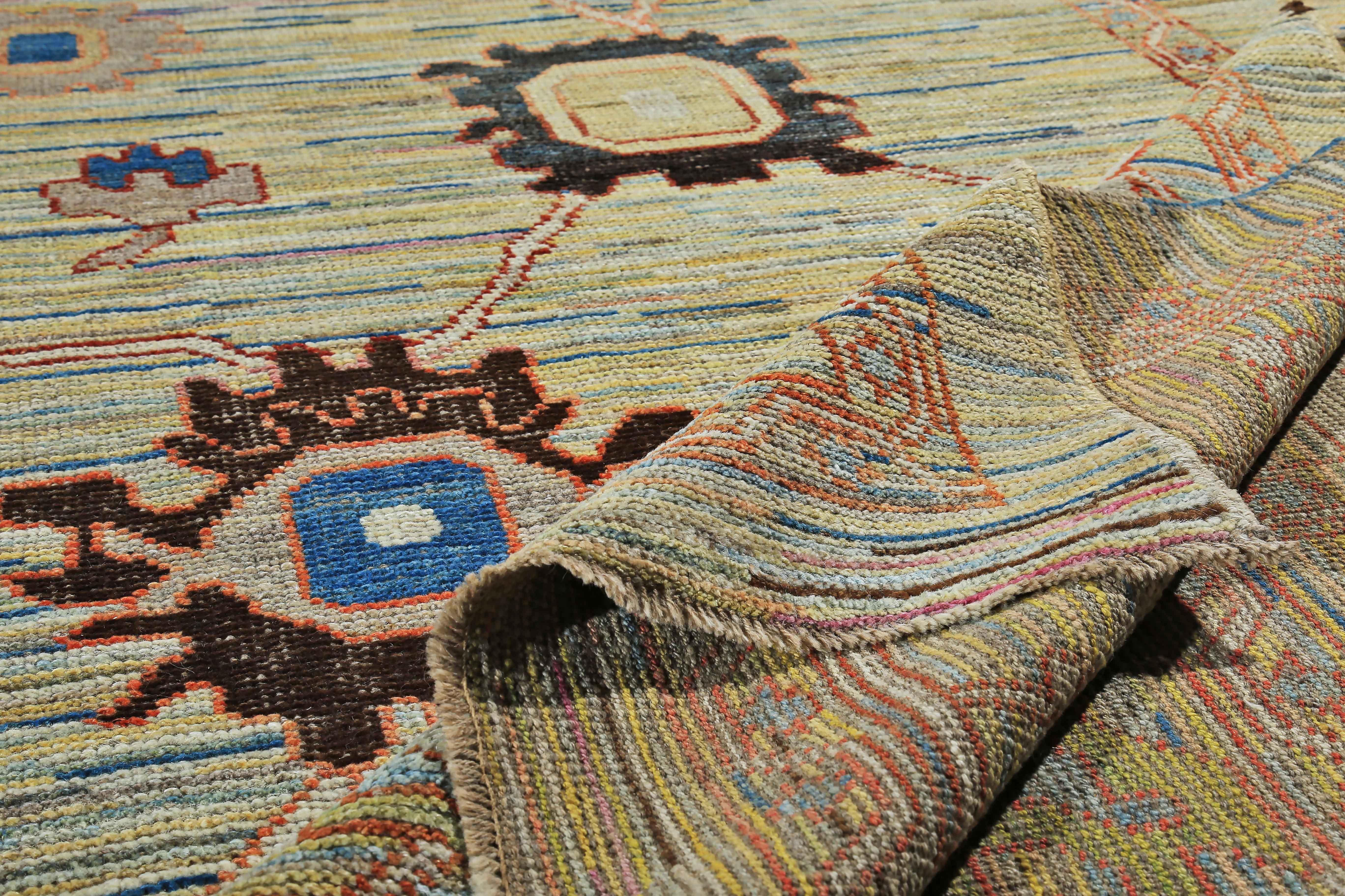 New Turkish Oushak Rug in Yellow with Brown and Blue Flower Heads Design For Sale 2