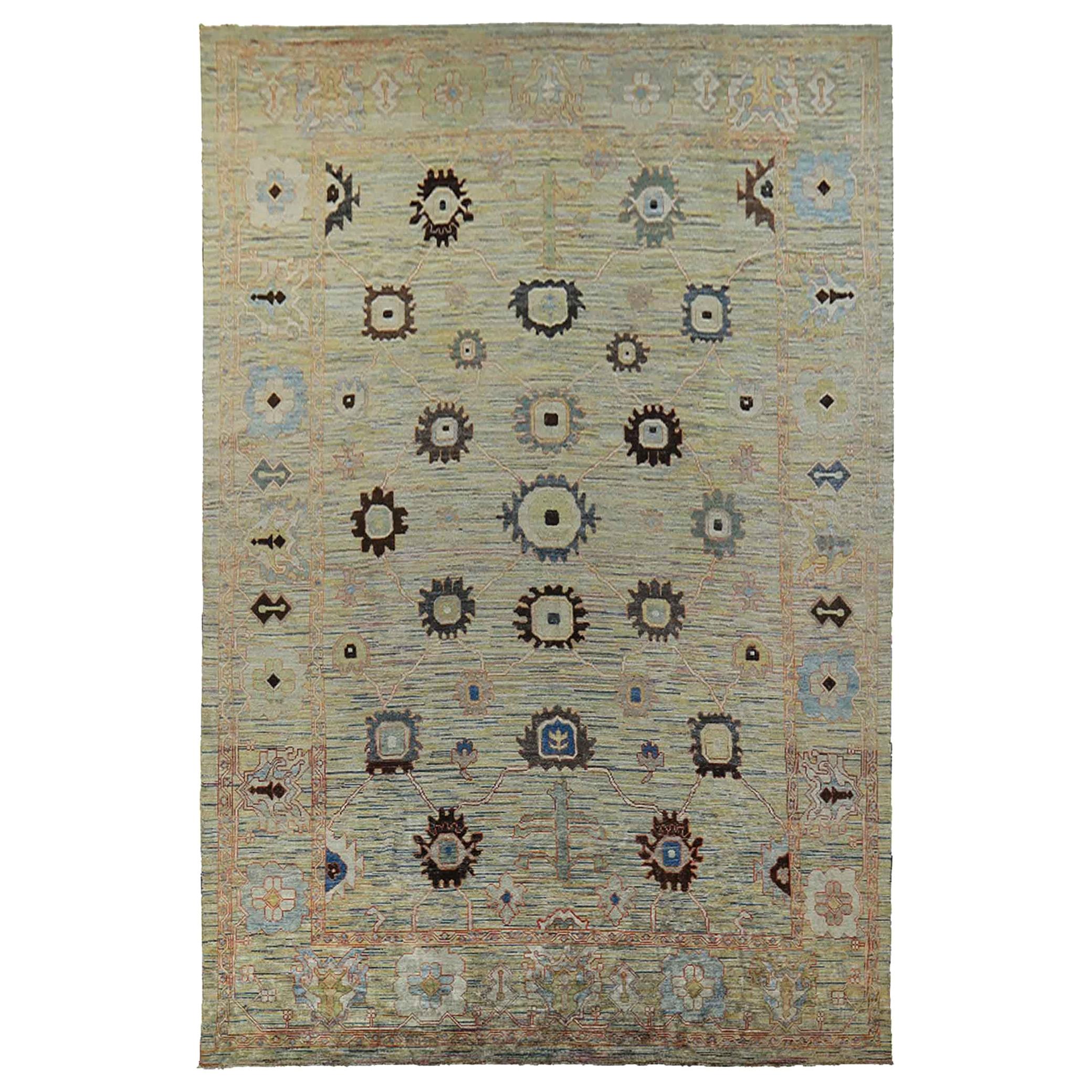 New Turkish Oushak Rug in Yellow with Brown and Blue Flower Heads Design For Sale