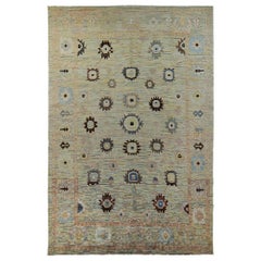 New Turkish Oushak Rug in Yellow with Brown and Blue Flower Heads Design