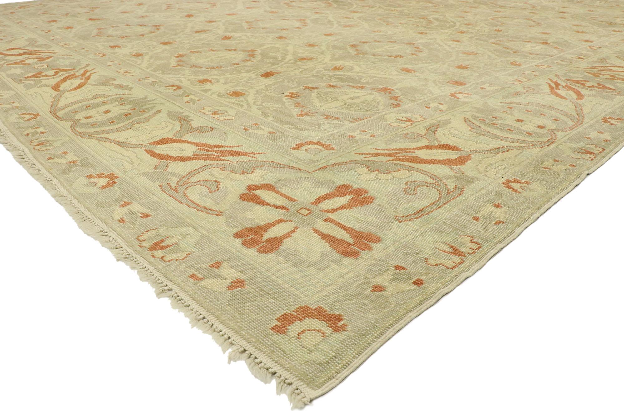 51596 new Turkish Oushak rug with Arts & Crafts style Inspired by William Morris. The architectural elements of naturalistic forms combined with Arts & Crafts style, this new Turkish Oushak rug draws inspiration from William Morris. It features an
